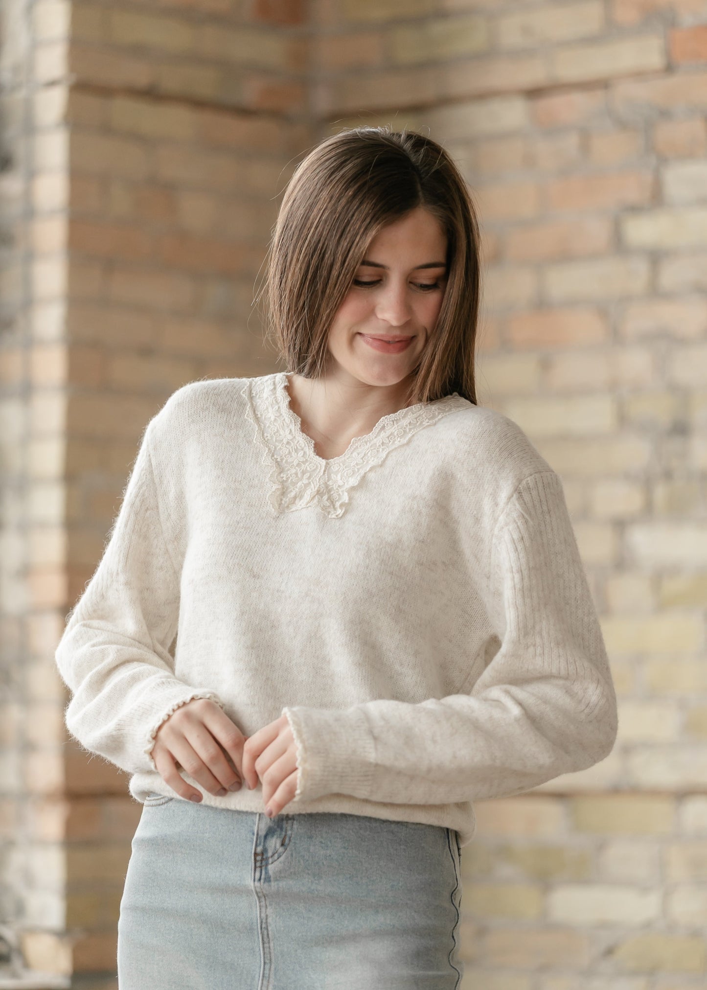 Knit Heathered Lace Trim Sweater