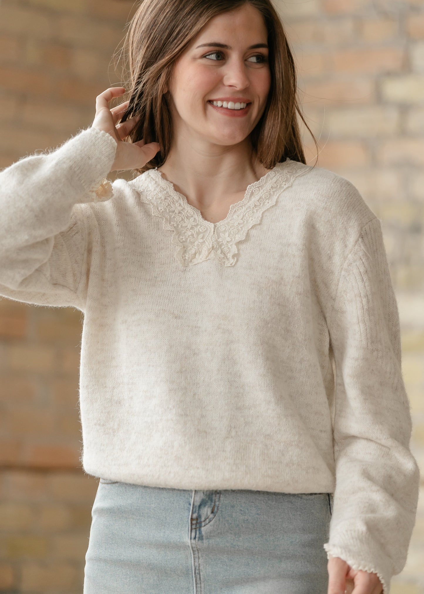 Knit Heathered Lace Trim Sweater