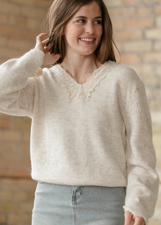 Knit Heathered Lace Trim Sweater