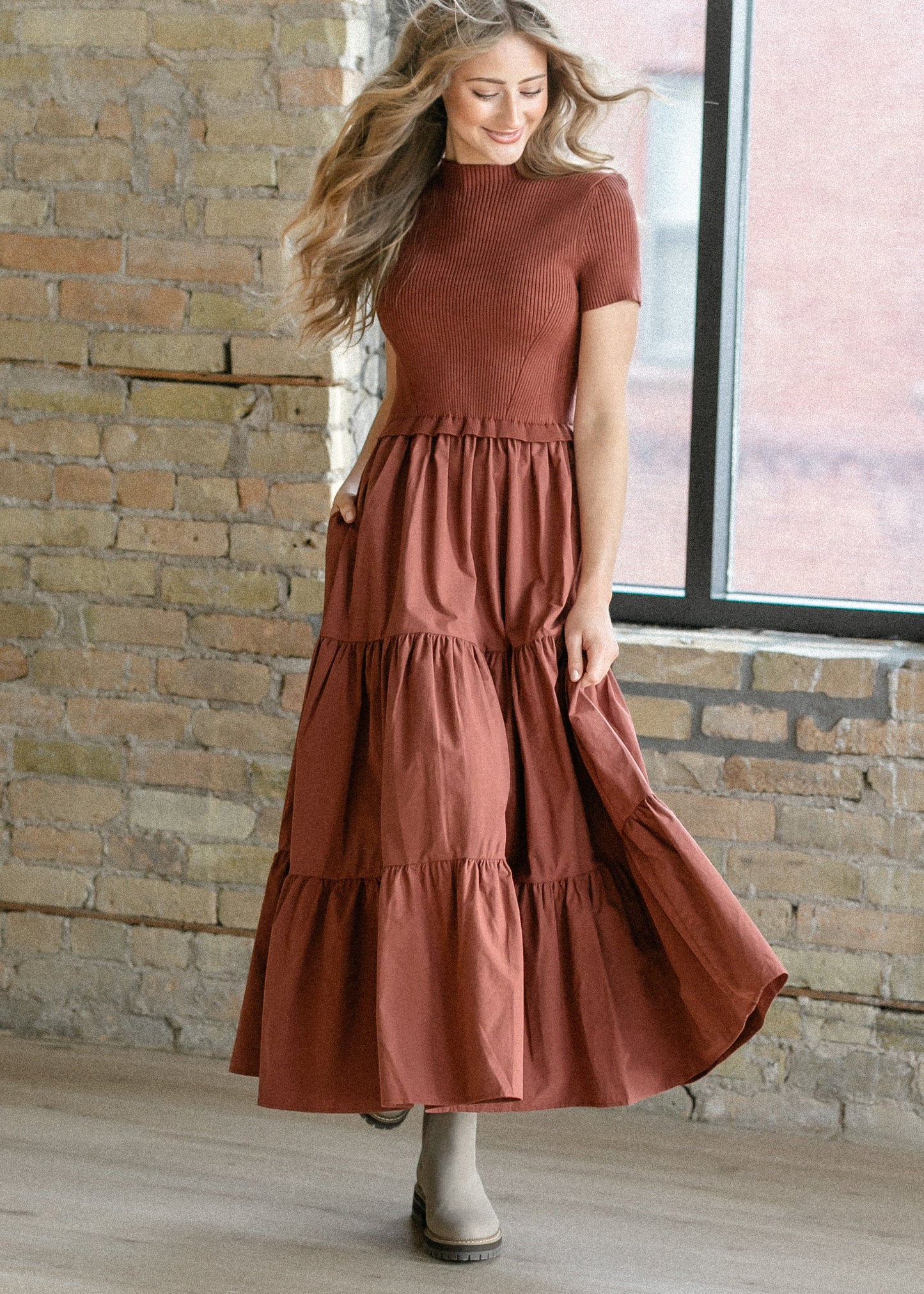 Knit Mix Mock Neck Maxi Dress