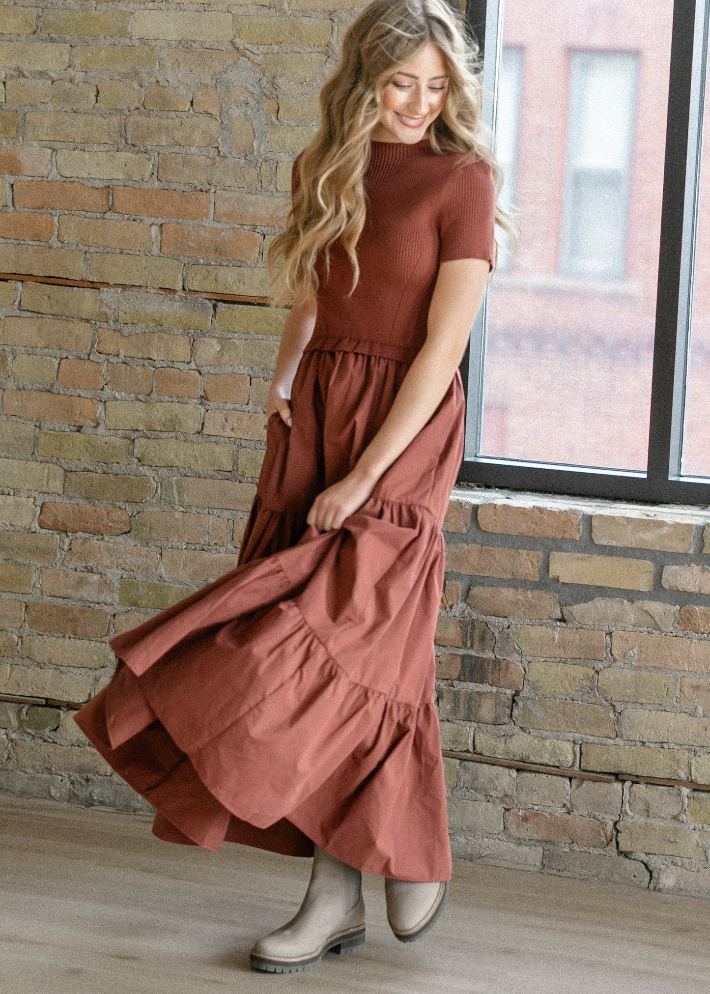Knit Mix Mock Neck Maxi Dress
