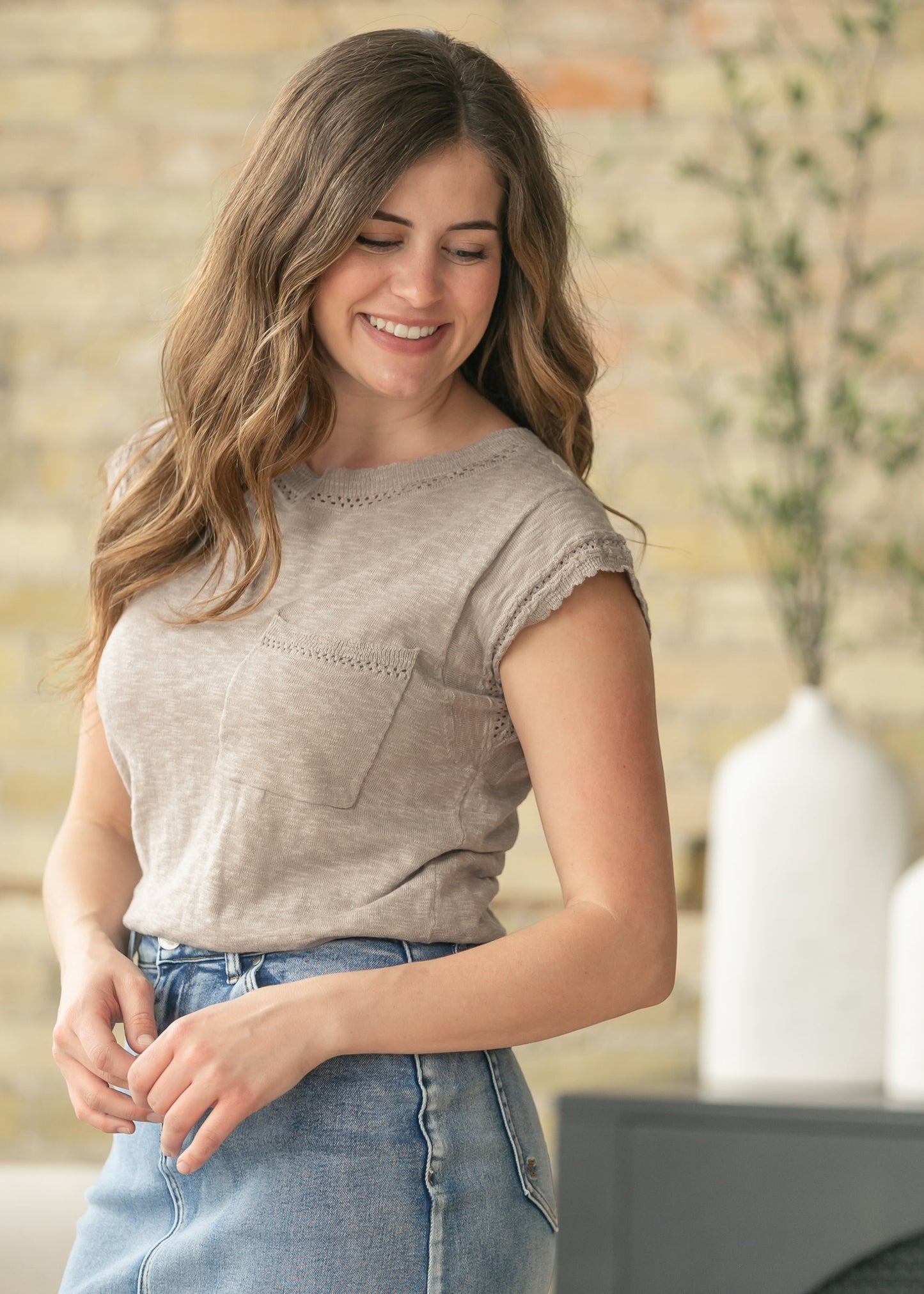 Knit Rib Detail Front Pocket Top