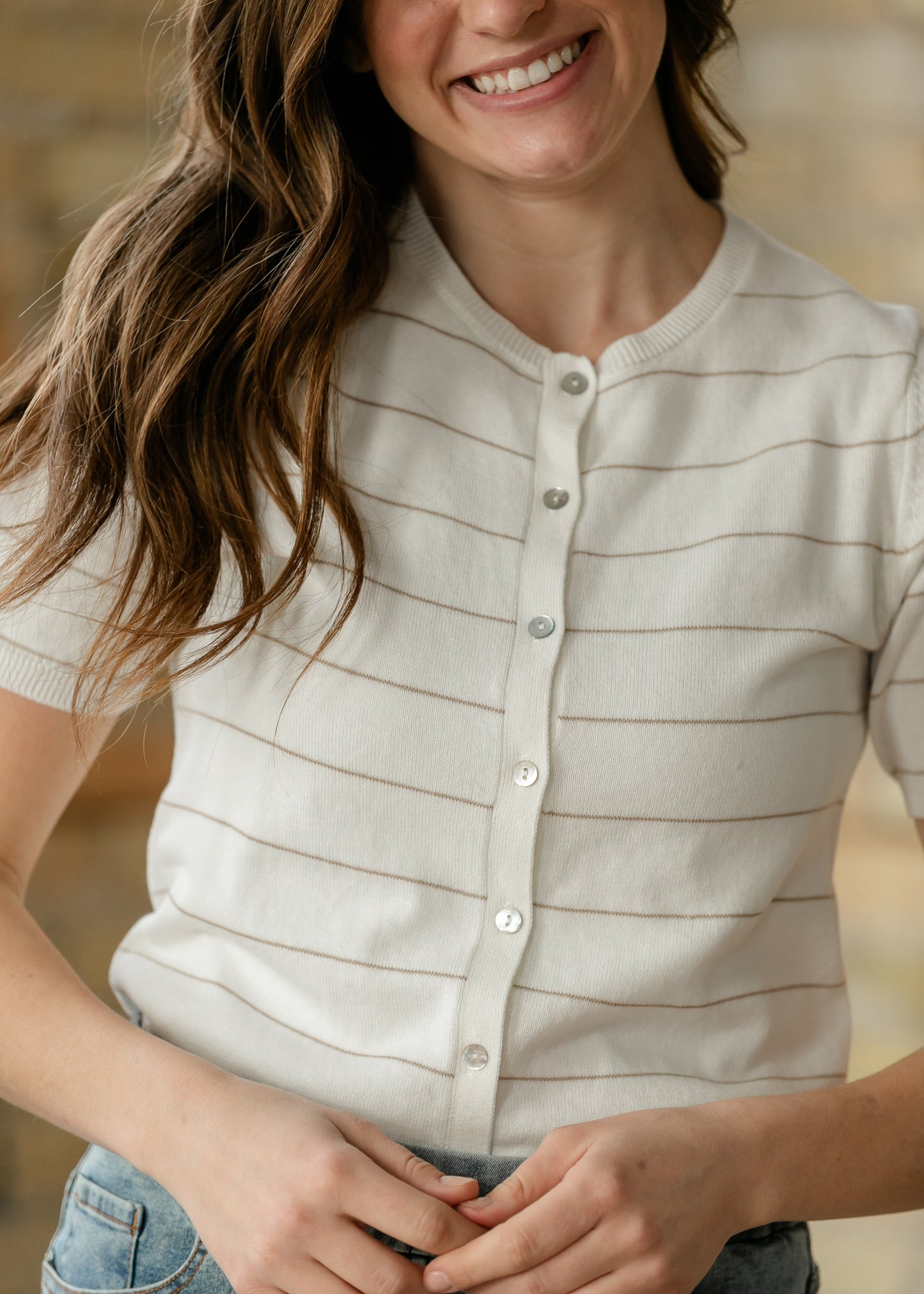 Knit Short Sleeve Button Up Top