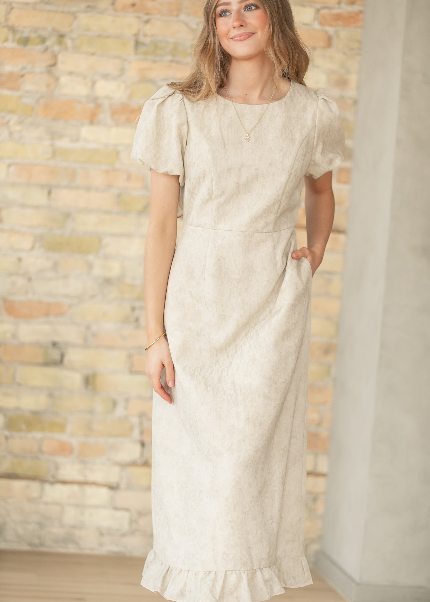 Lace Bubble Sleeve Tan Maxi Dress