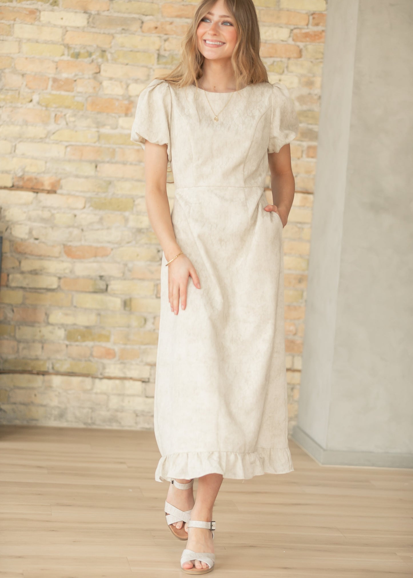 Lace Bubble Sleeve Tan Maxi Dress