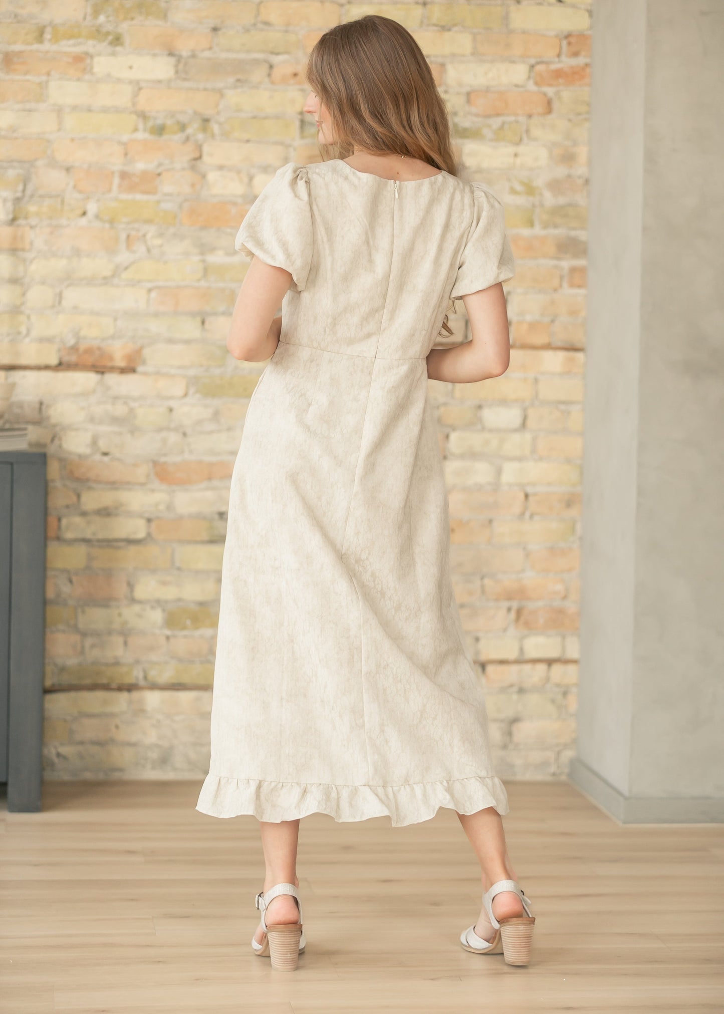 Lace Bubble Sleeve Tan Maxi Dress