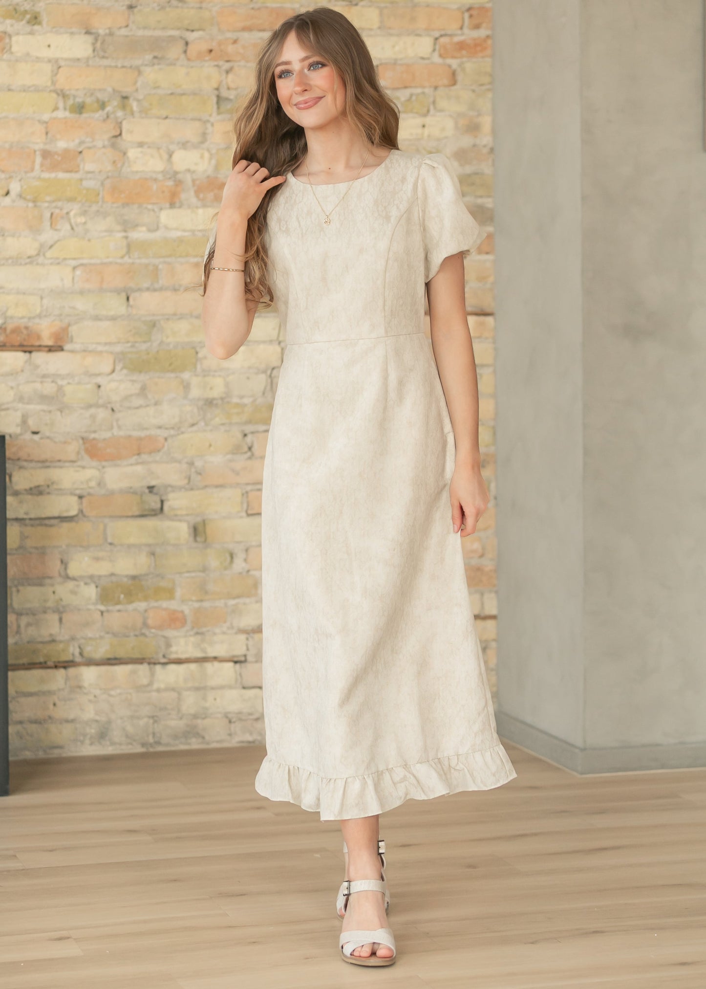 Lace Bubble Sleeve Tan Maxi Dress