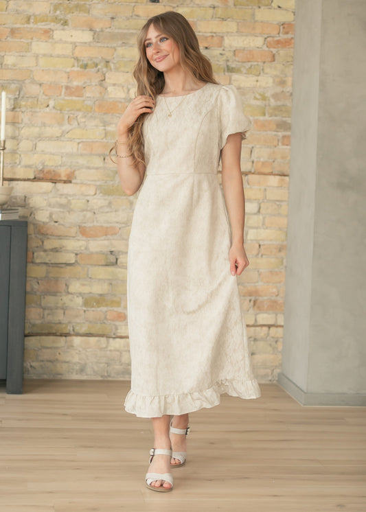 Lace Bubble Sleeve Tan Maxi Dress