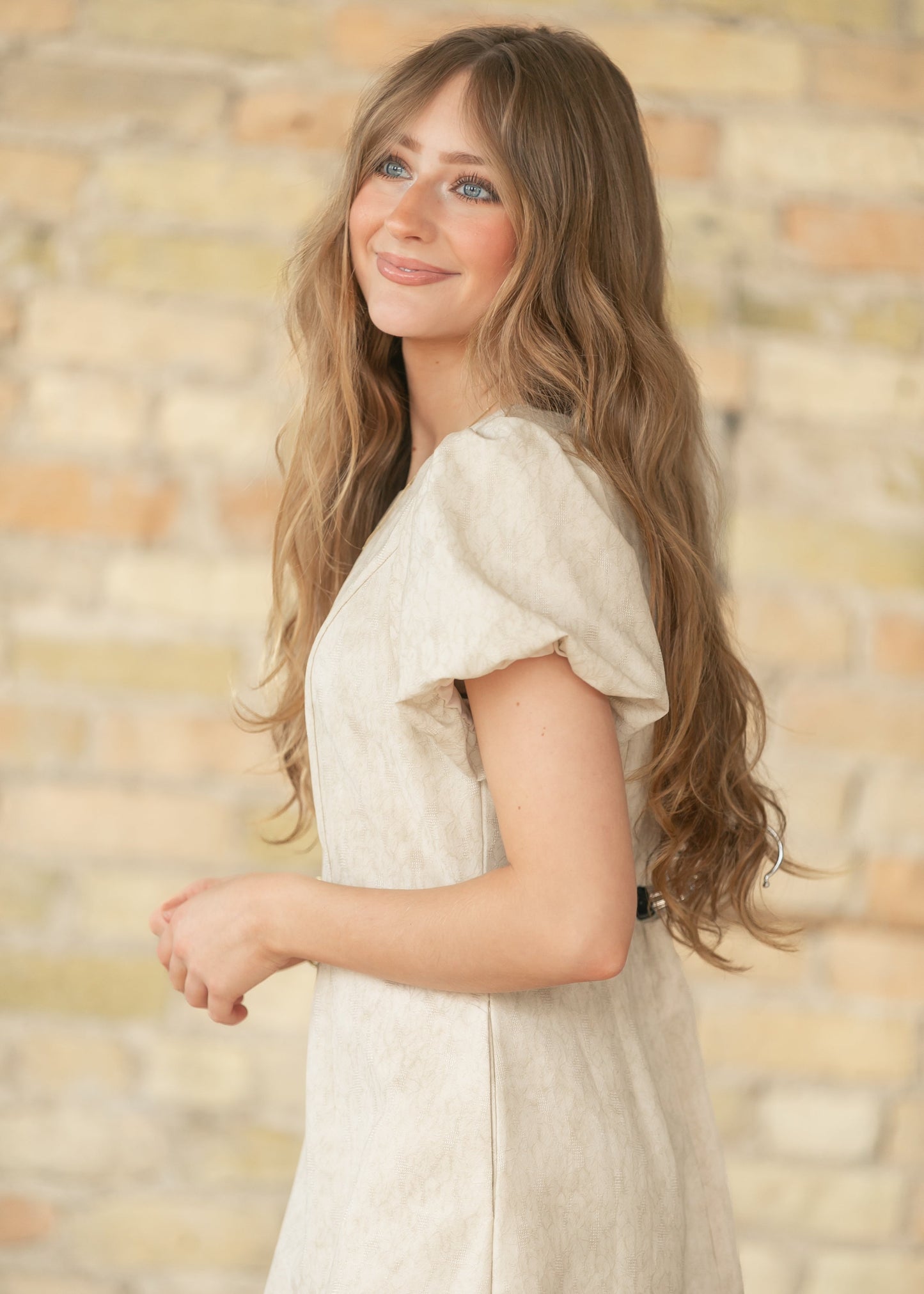 Lace Bubble Sleeve Tan Maxi Dress