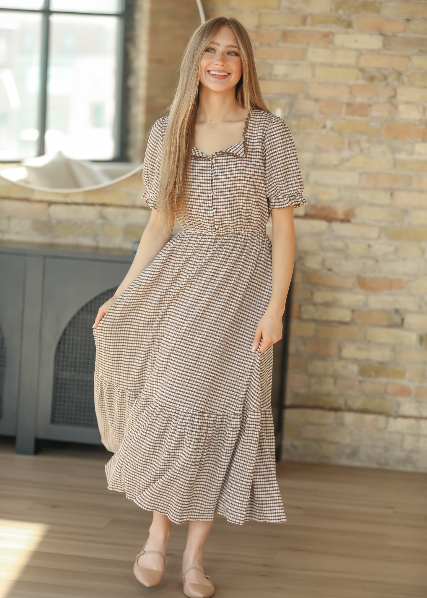 Lace Trim Checkered Maxi Dress