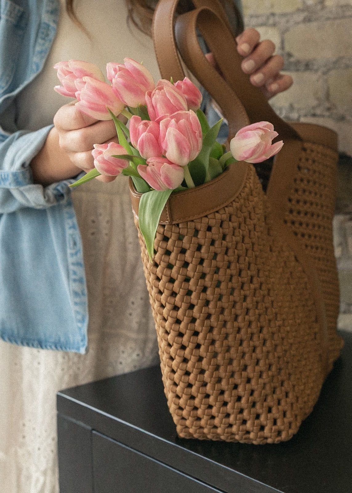 Large Camel Woven Tote Bag