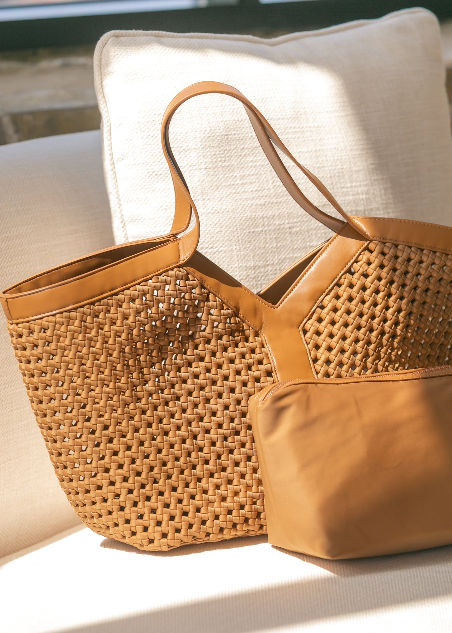 Large Camel Woven Tote Bag