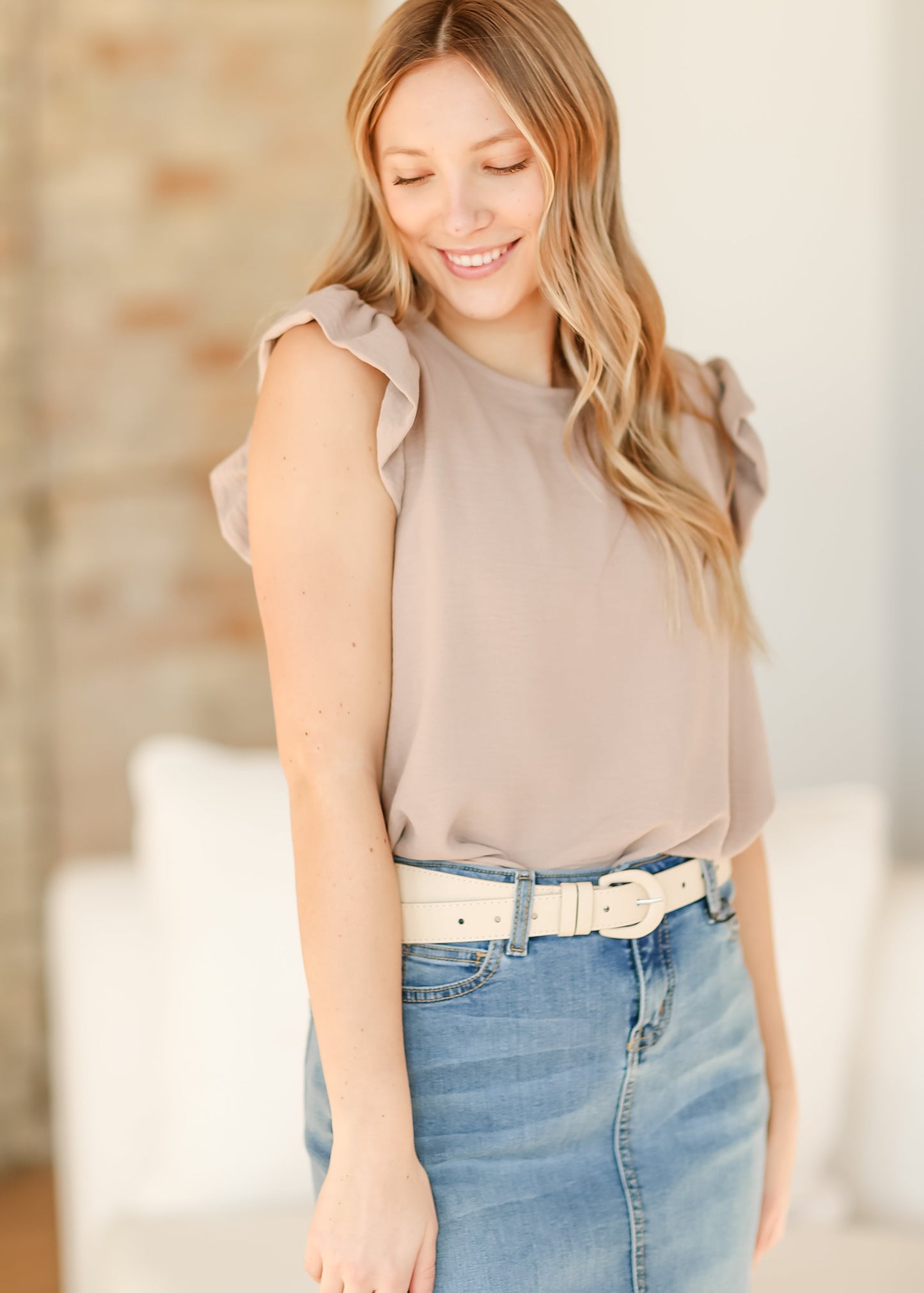 Leanne Camel Ruffle Cap Sleeve Top - FINAL SALE