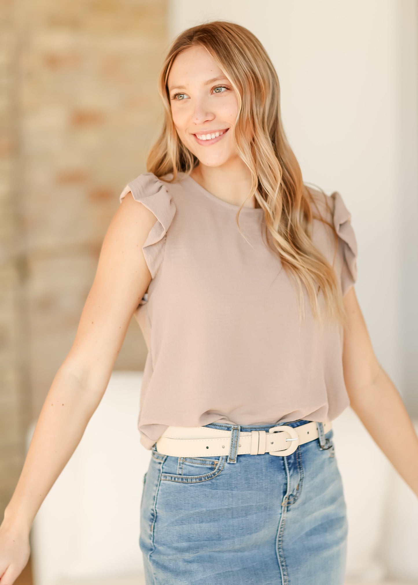 Leanne Camel Ruffle Cap Sleeve Top - FINAL SALE
