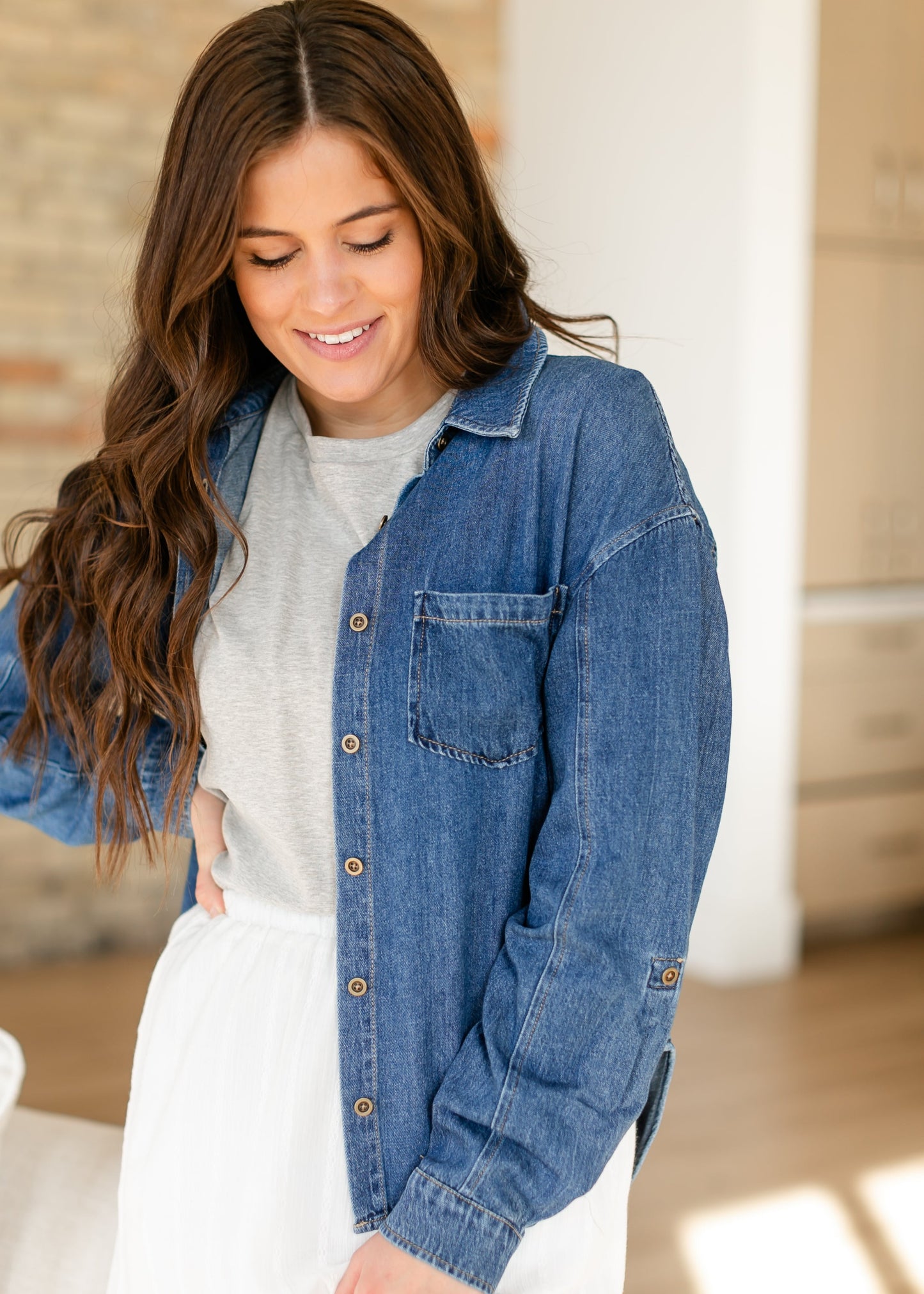 Kut from the Kloth® Leighton Linen Blend Denim Long Sleeve Top - FINAL SALE