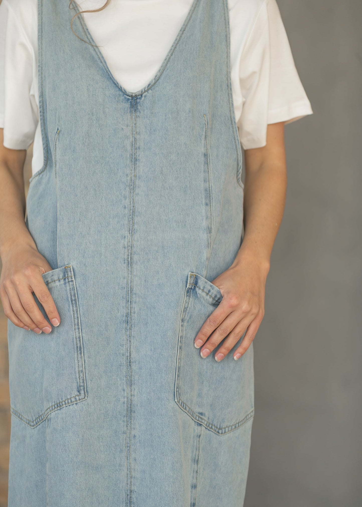 Light Wash Denim Overall Midi Dress