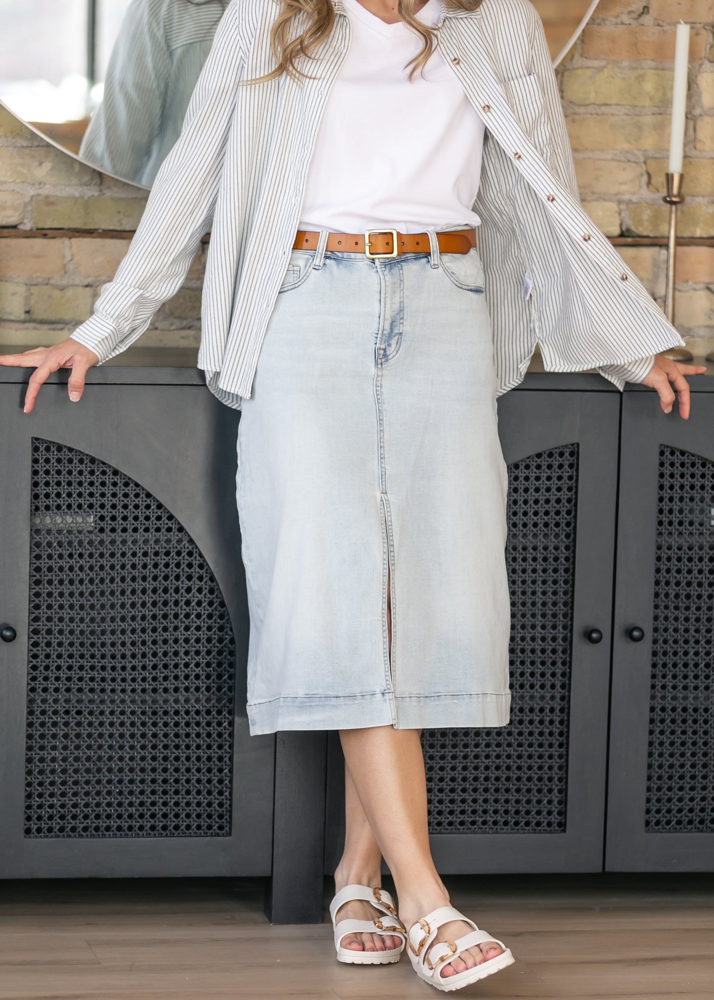 Light Wash High-Rise Denim Midi Skirt
