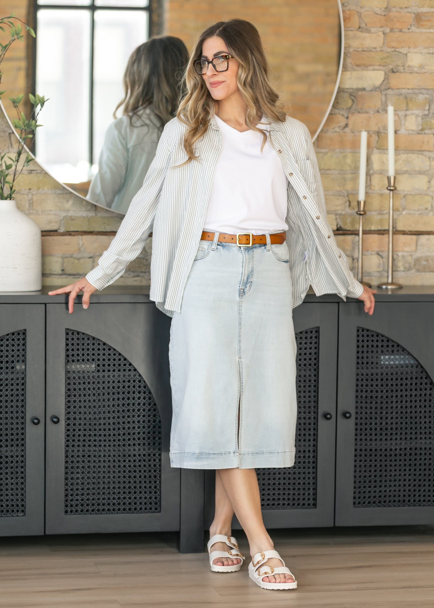 Light Wash High-Rise Denim Midi Skirt