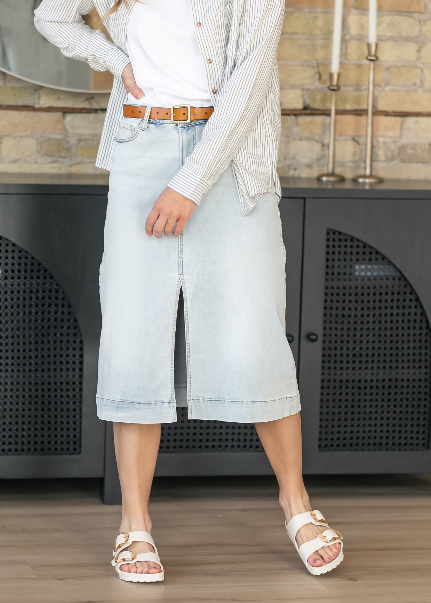 Light Wash High-Rise Denim Midi Skirt