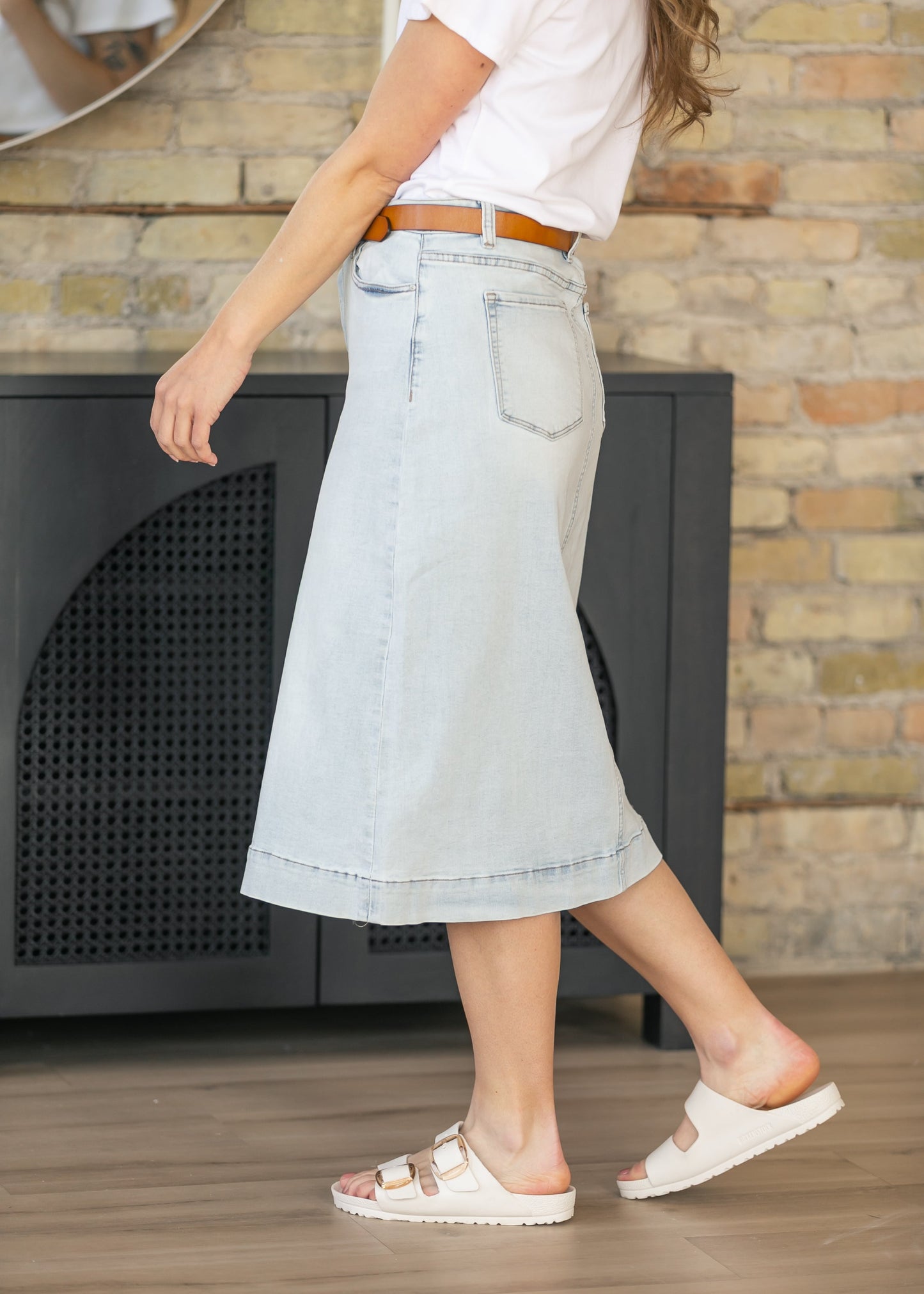 Light Wash High-Rise Denim Midi Skirt