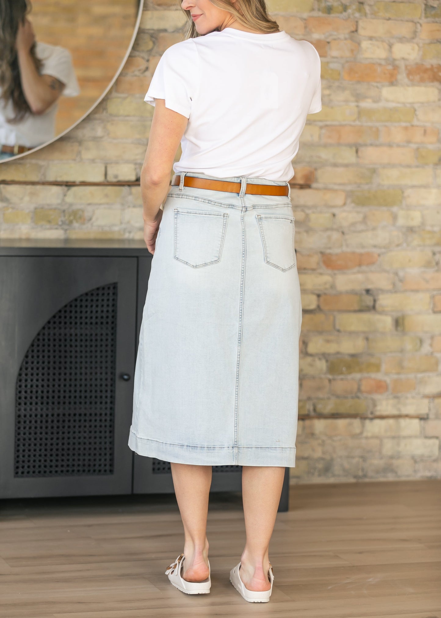 Light Wash High-Rise Denim Midi Skirt