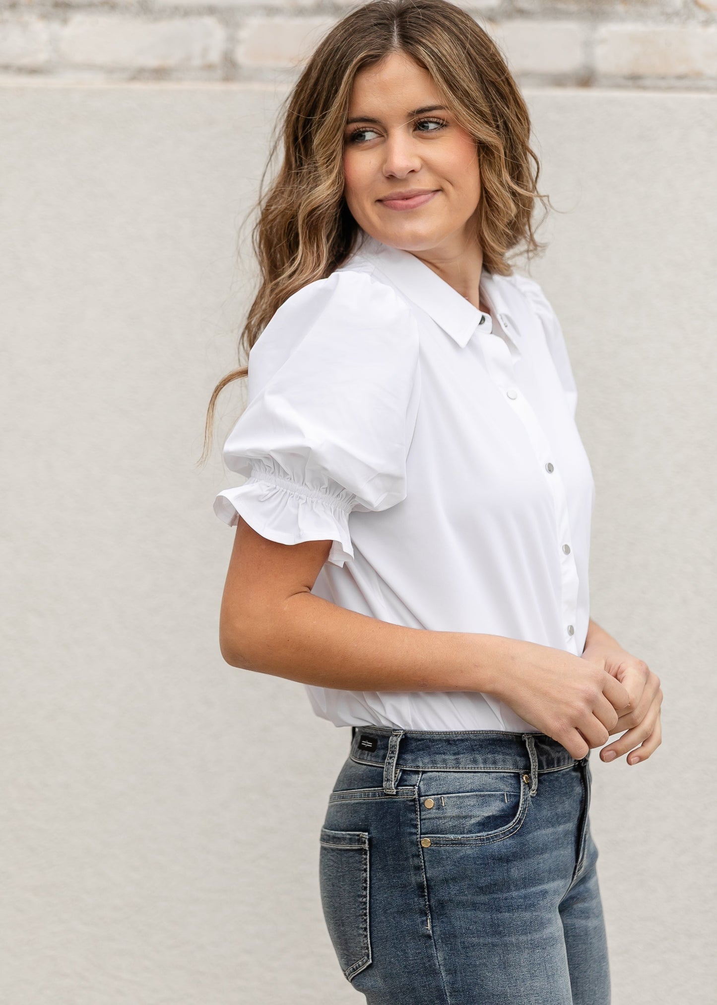 LIVERPOOL® Elbow Puff Sleeve Snap Front Knit Shirt