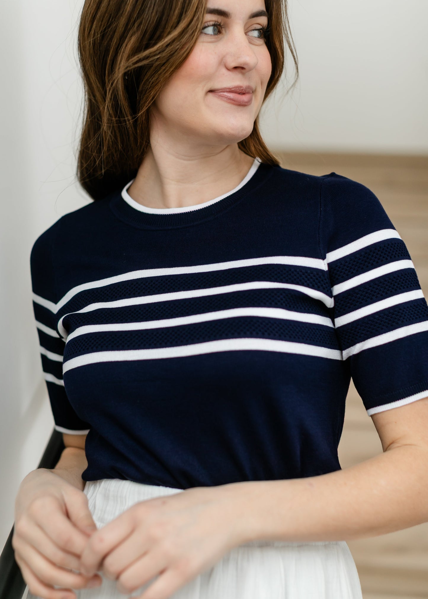 LIVERPOOL® Striped Short Sleeve Crew Neck Sweater