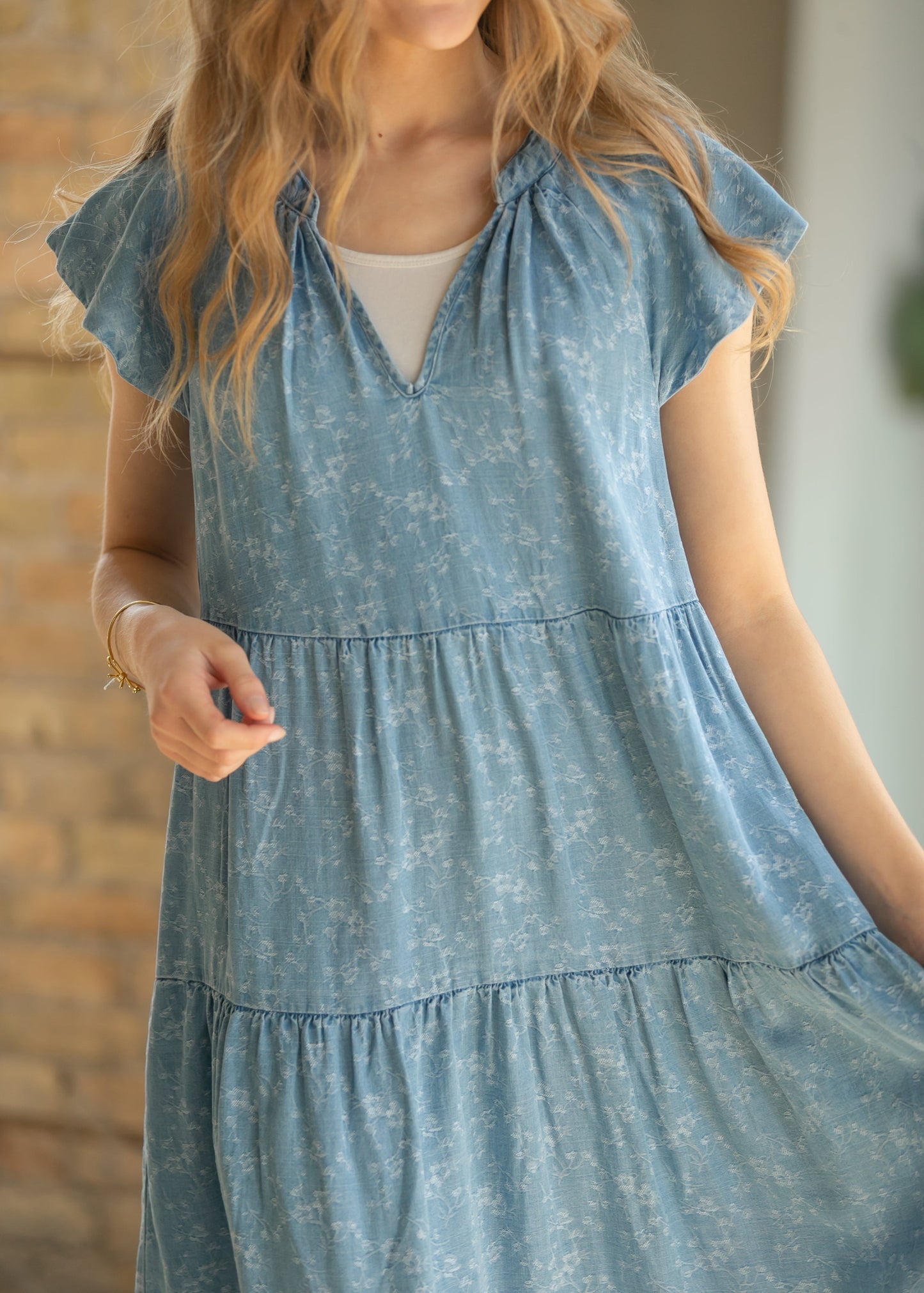 LIVERPOOL® Tiered Flutter Sleeve Midi Dress