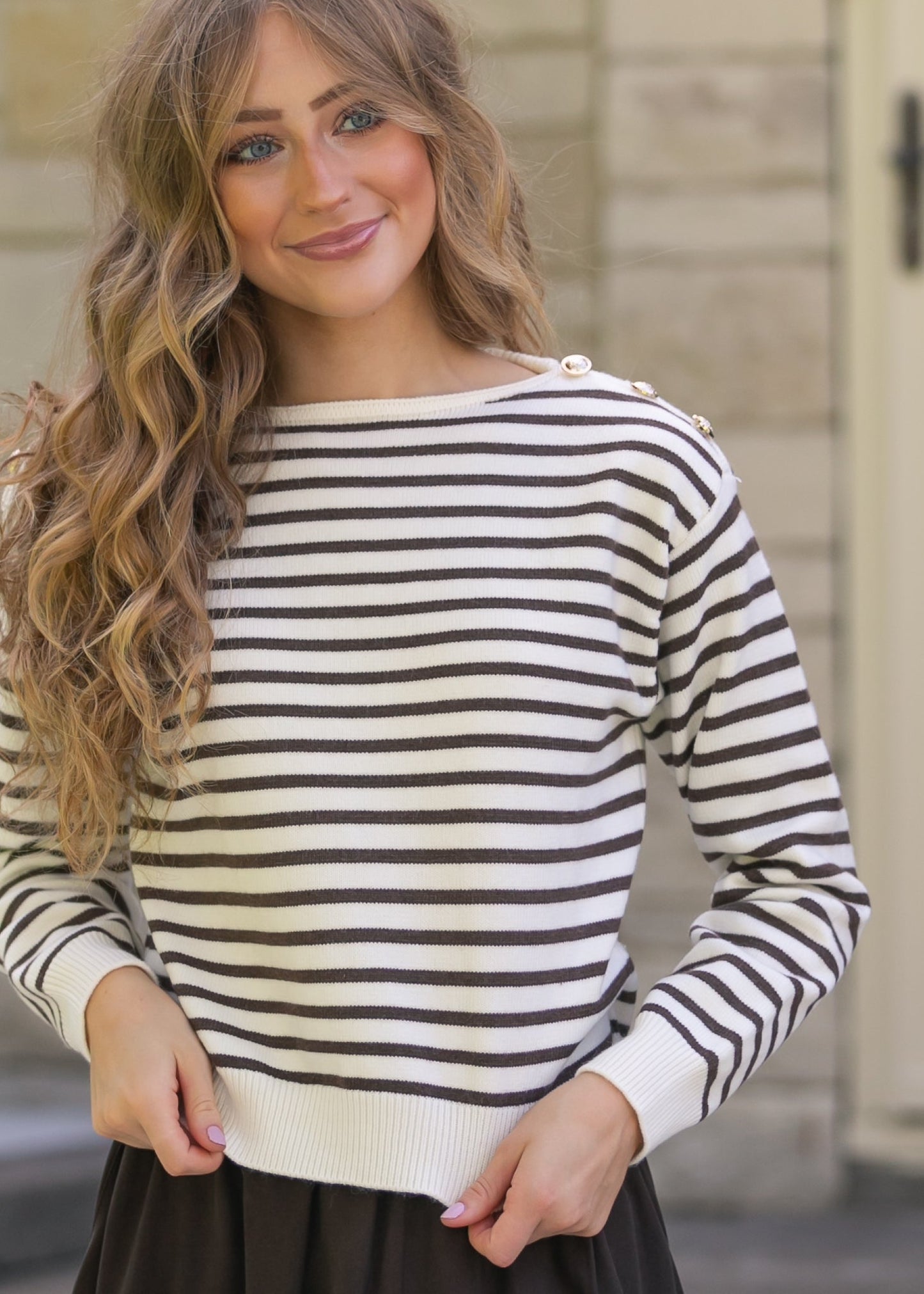Long Sleeve Striped Buttoned Shoulder Sweater - FINAL SALE