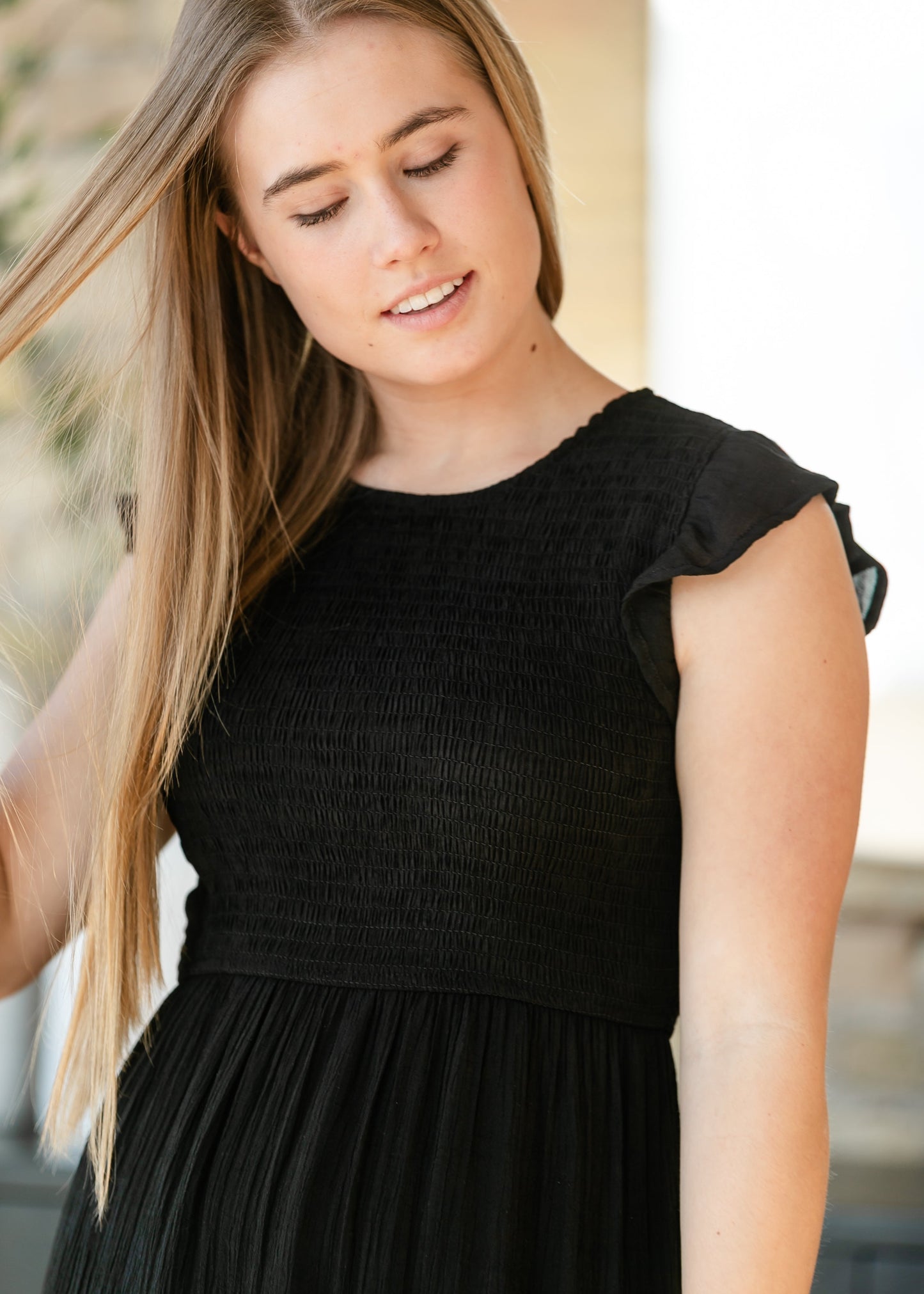 Lorelai Black Smocked Tiered Midi Dress