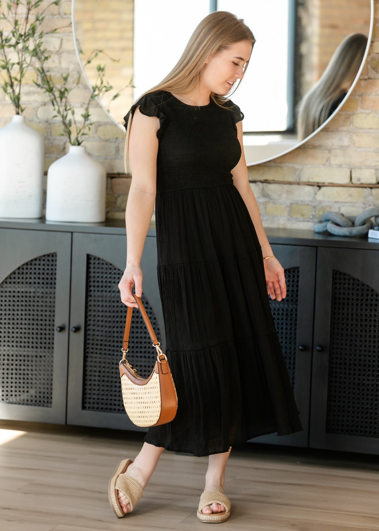 Lorelai Black Smocked Tiered Midi Dress