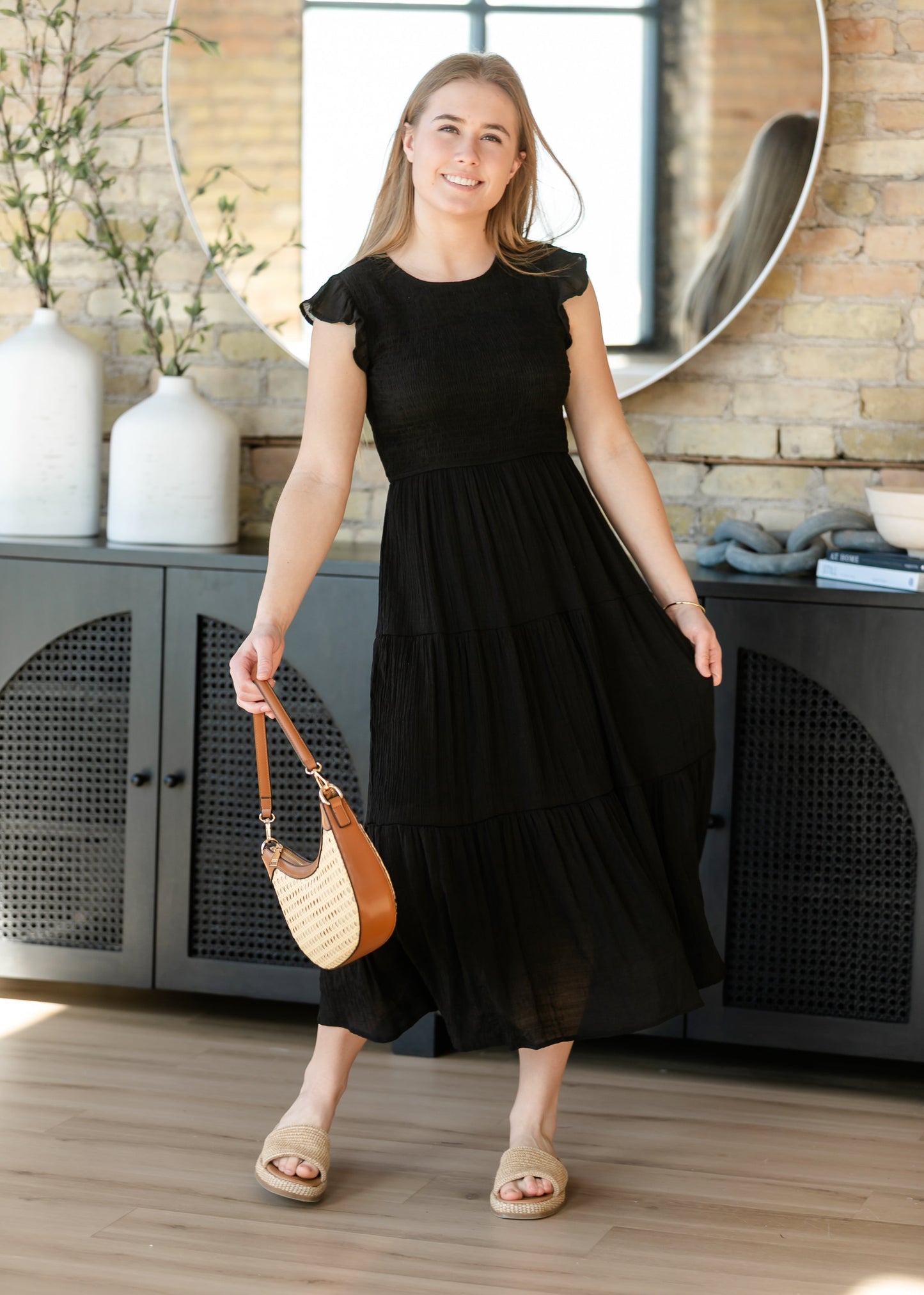 Lorelai Black Smocked Tiered Midi Dress