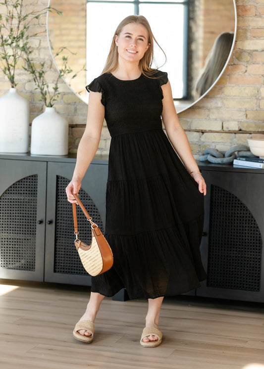 Lorelai Black Smocked Tiered Midi Dress