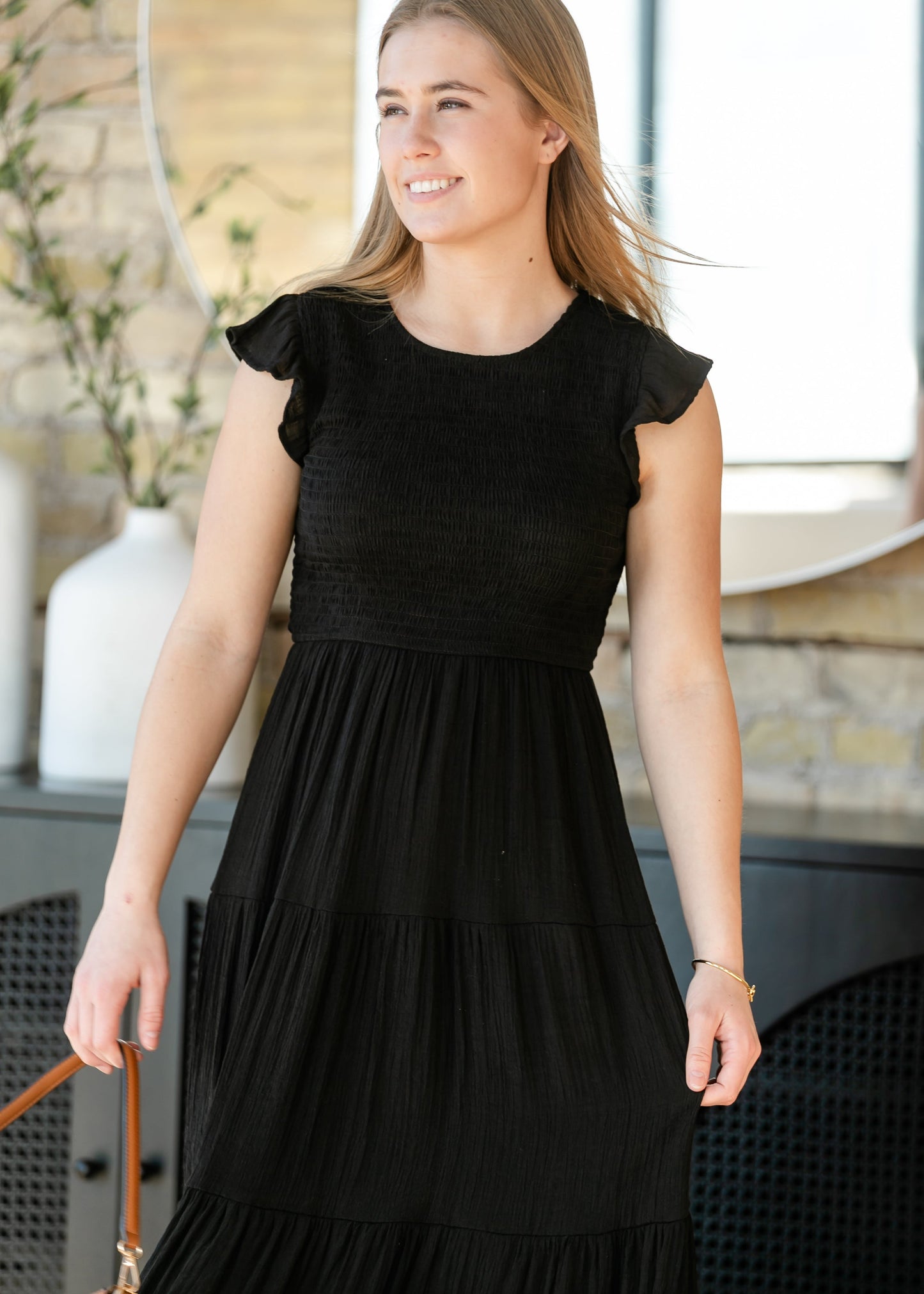 Lorelai Black Smocked Tiered Midi Dress