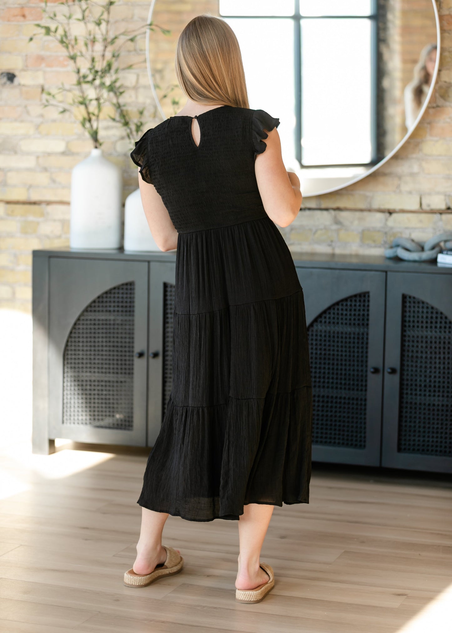 Lorelai Black Smocked Tiered Midi Dress