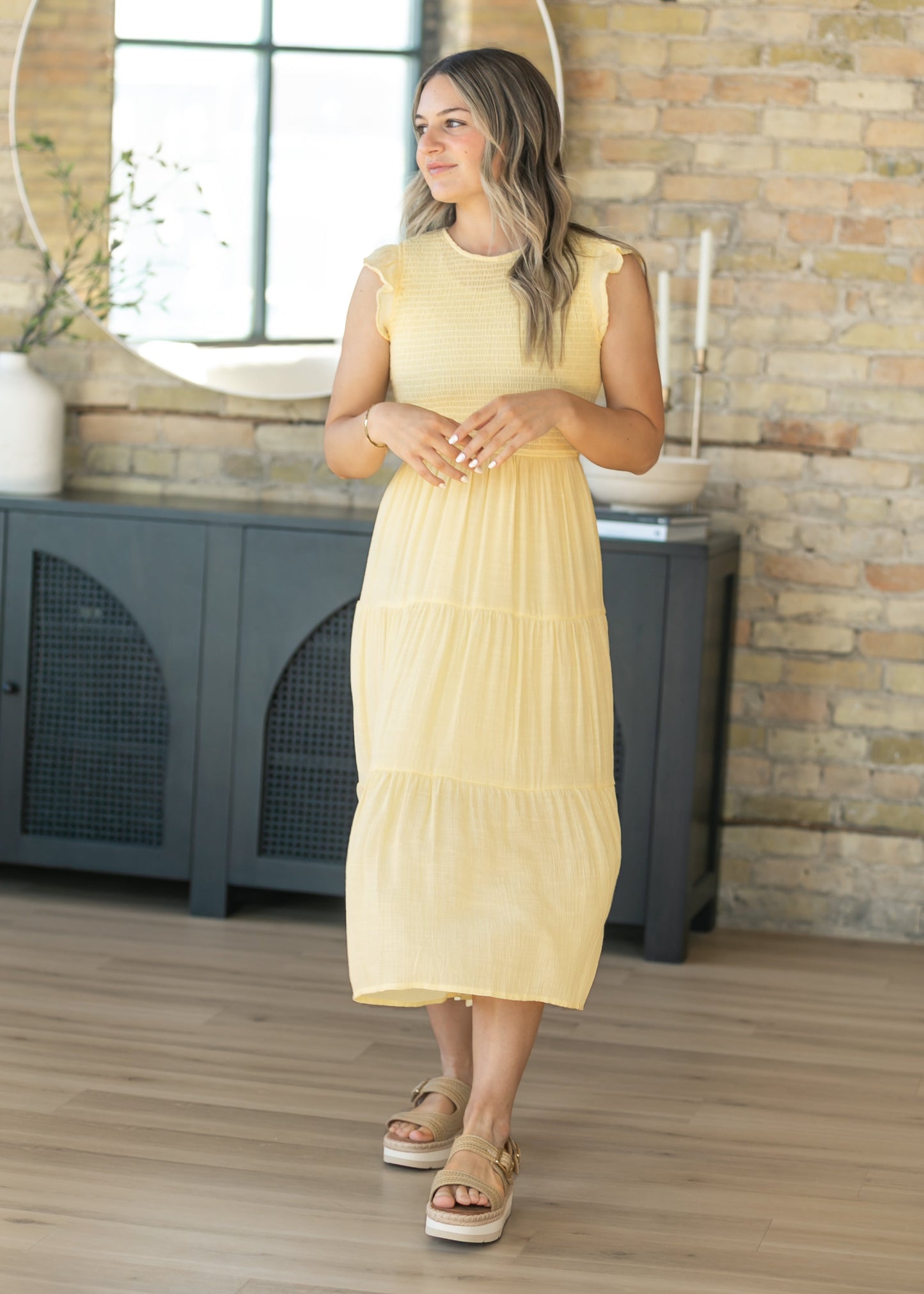Lorelai Yellow Smocked Tiered Midi Dress