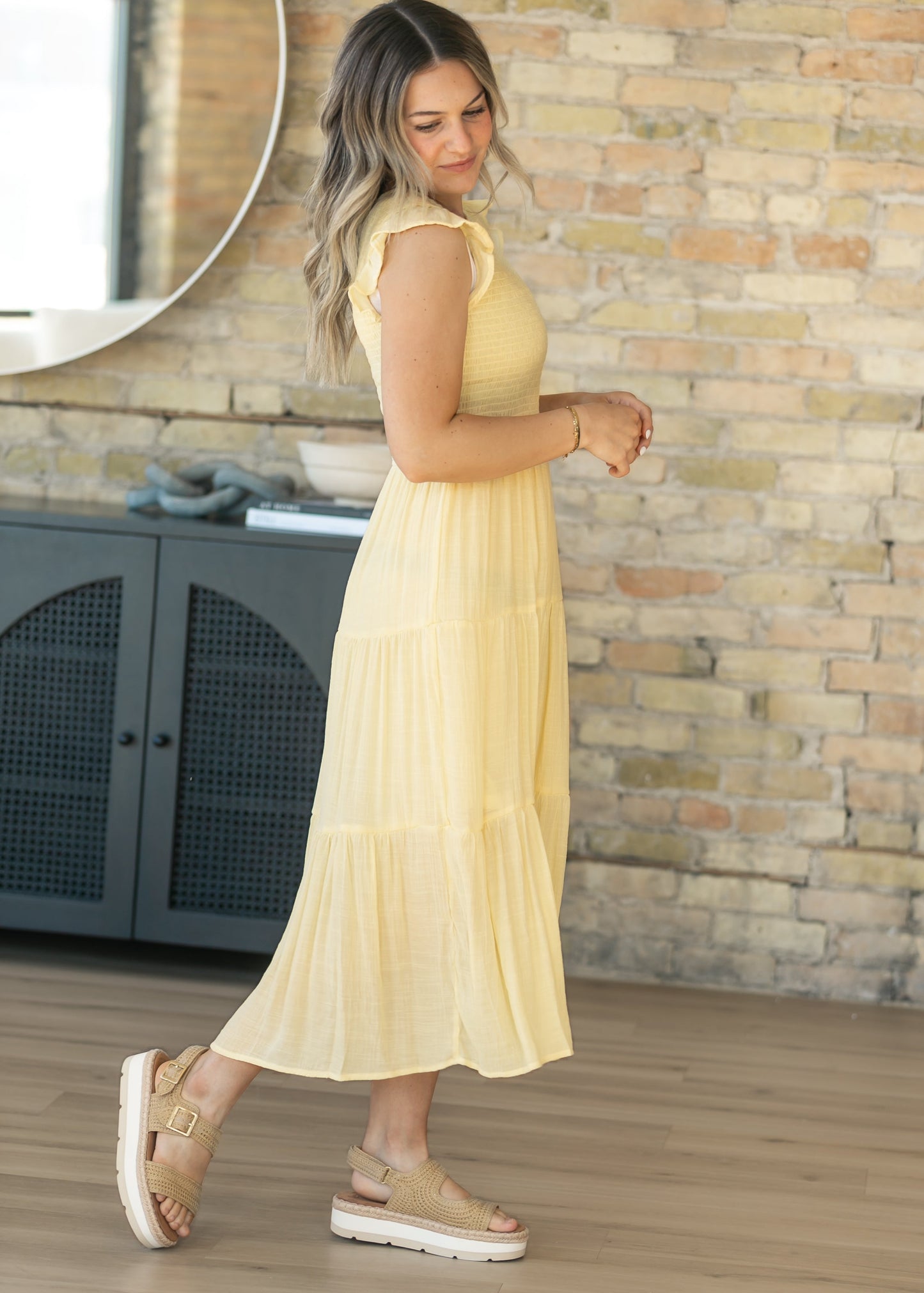 Lorelai Yellow Smocked Tiered Midi Dress