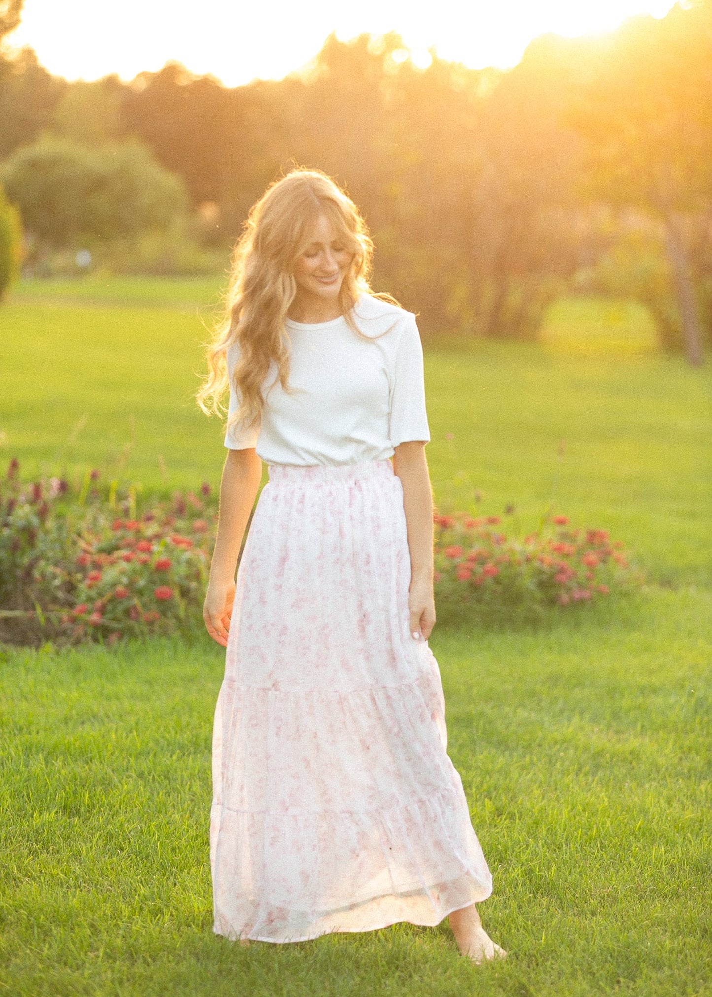 Lynn Pink Floral Tiered Maxi Skirt
