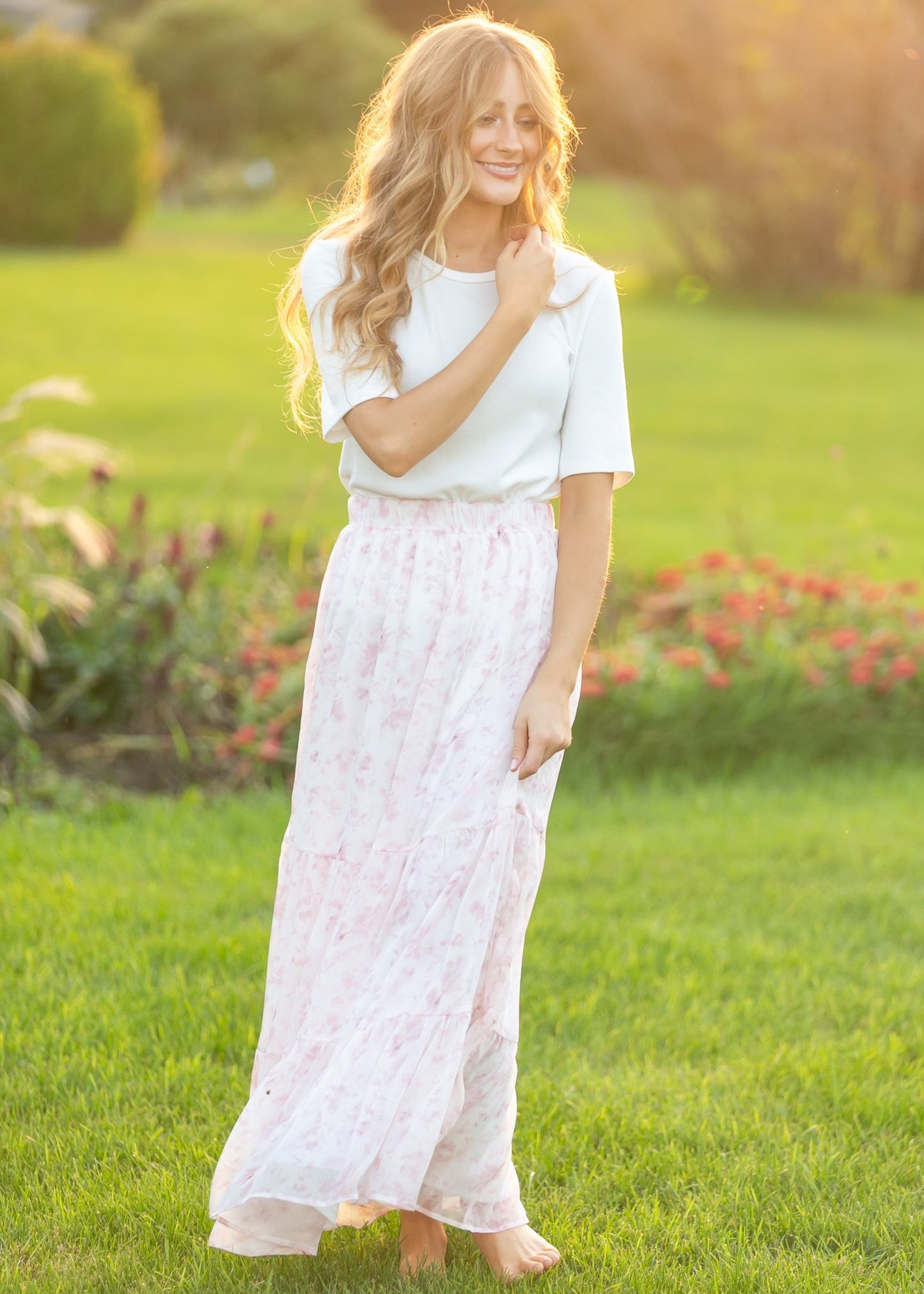 Lynn Pink Floral Tiered Maxi Skirt