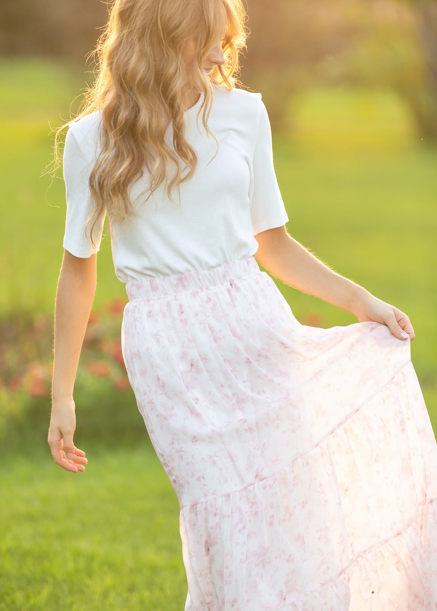 Lynn Pink Floral Tiered Maxi Skirt