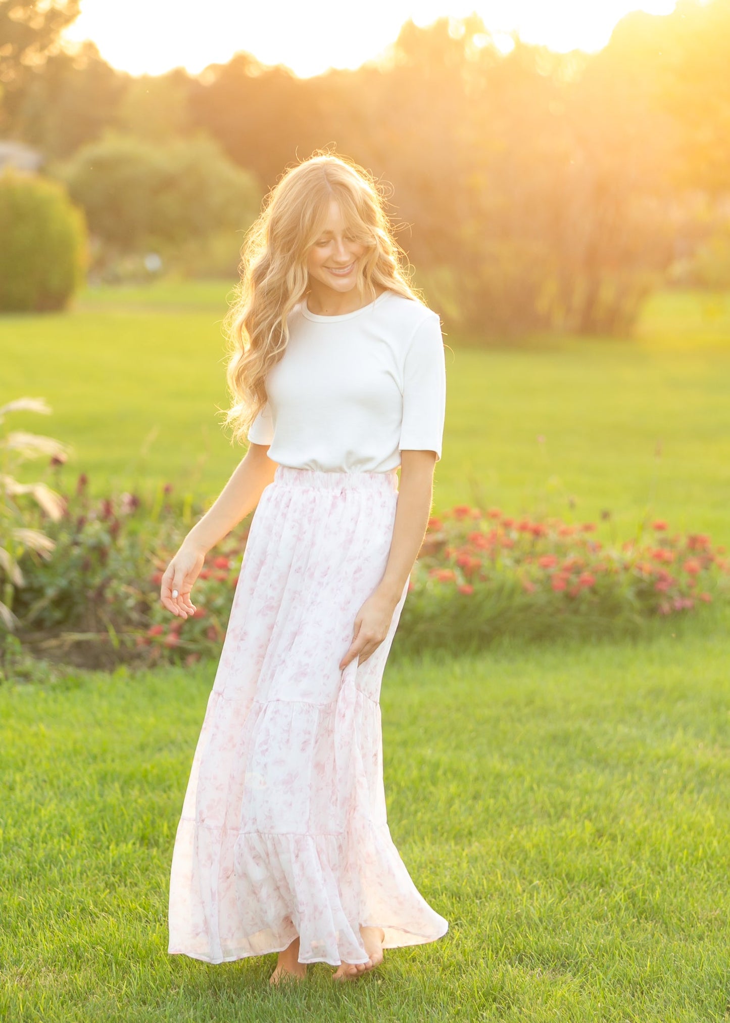 Lynn Pink Floral Tiered Maxi Skirt