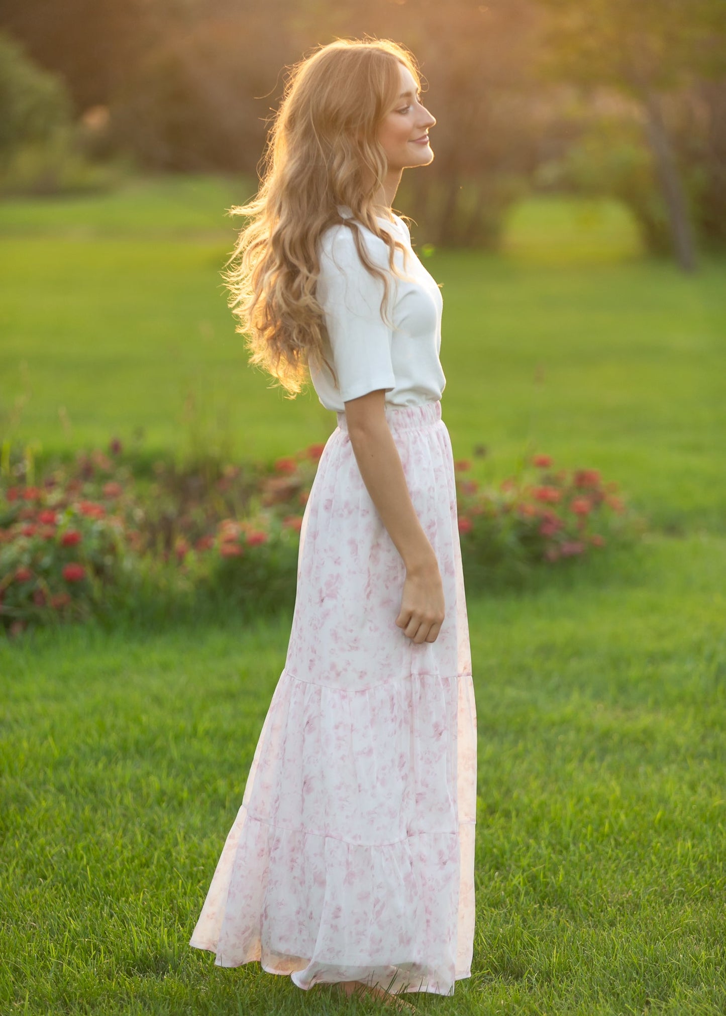 Lynn Pink Floral Tiered Maxi Skirt