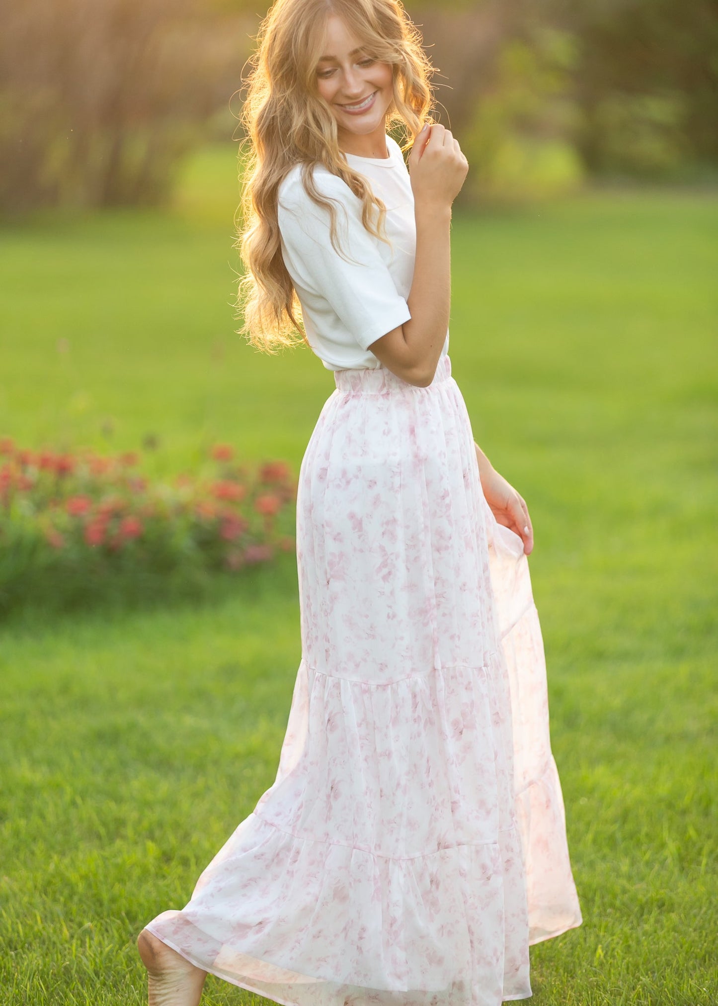 Lynn Pink Floral Tiered Maxi Skirt