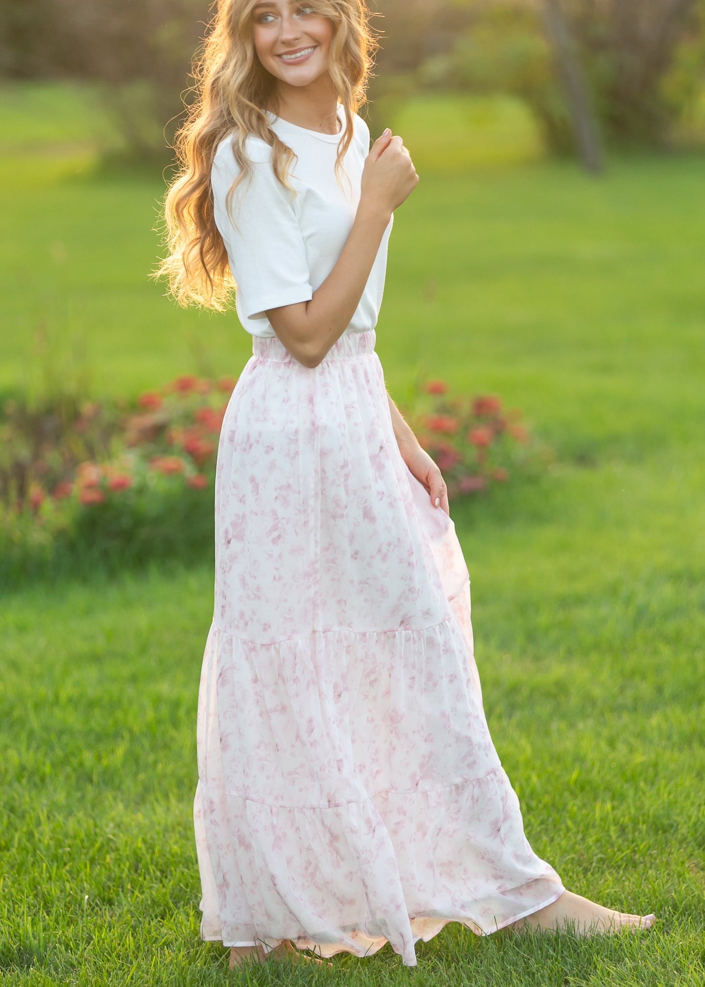 Lynn Pink Floral Tiered Maxi Skirt