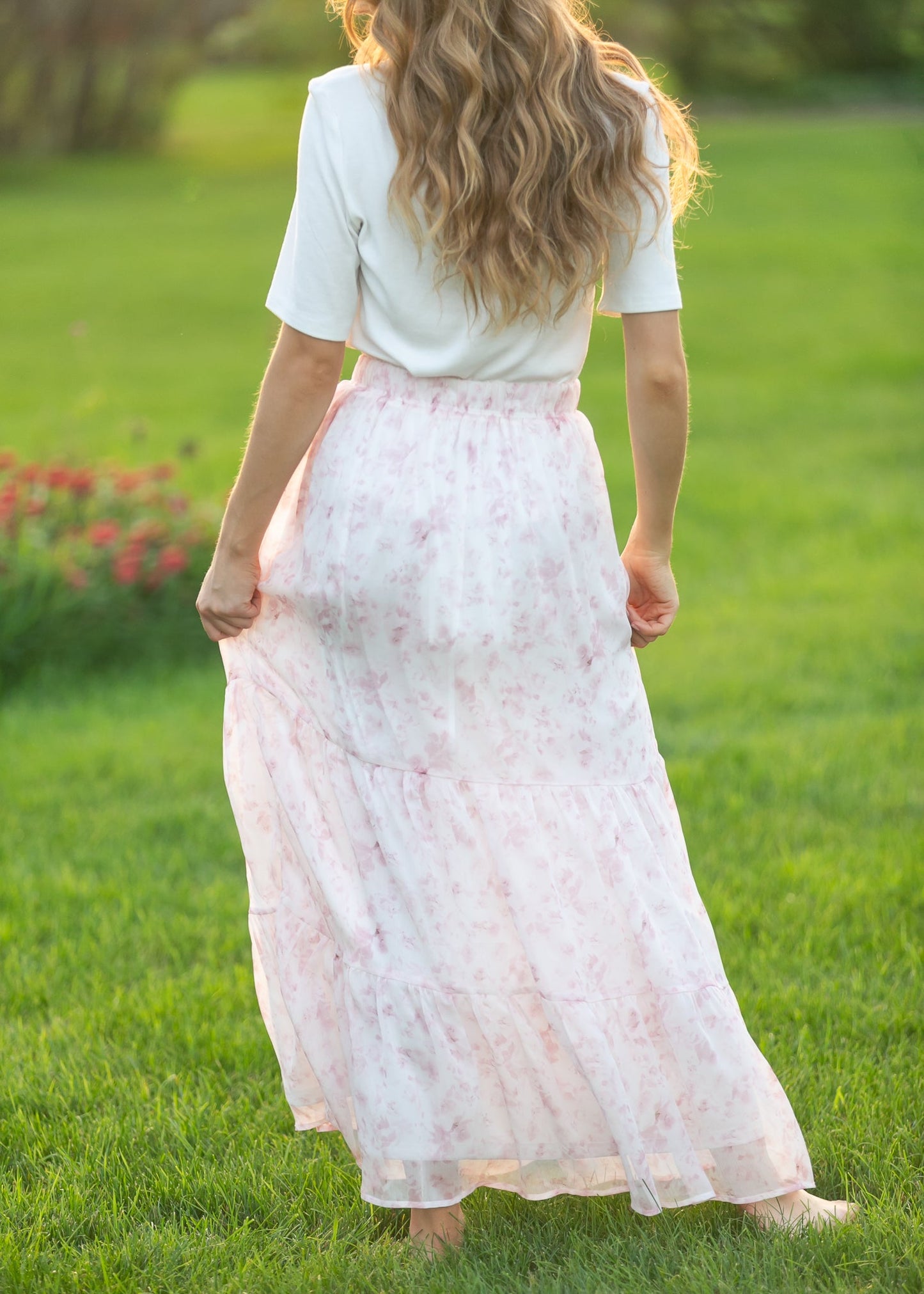 Lynn Pink Floral Tiered Maxi Skirt