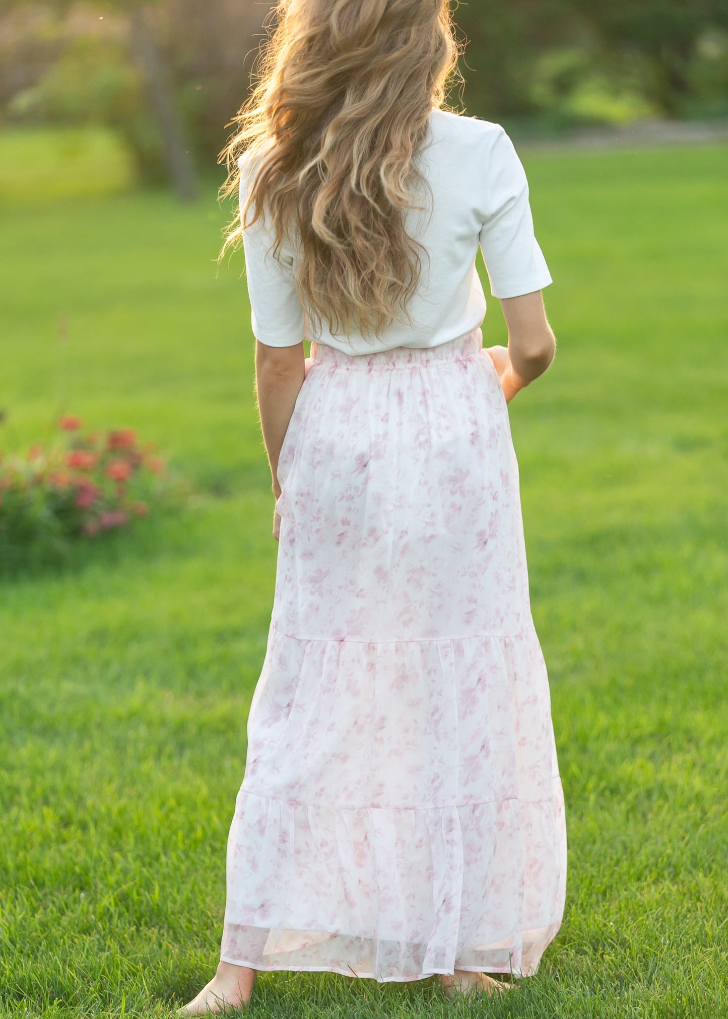 Lynn Pink Floral Tiered Maxi Skirt