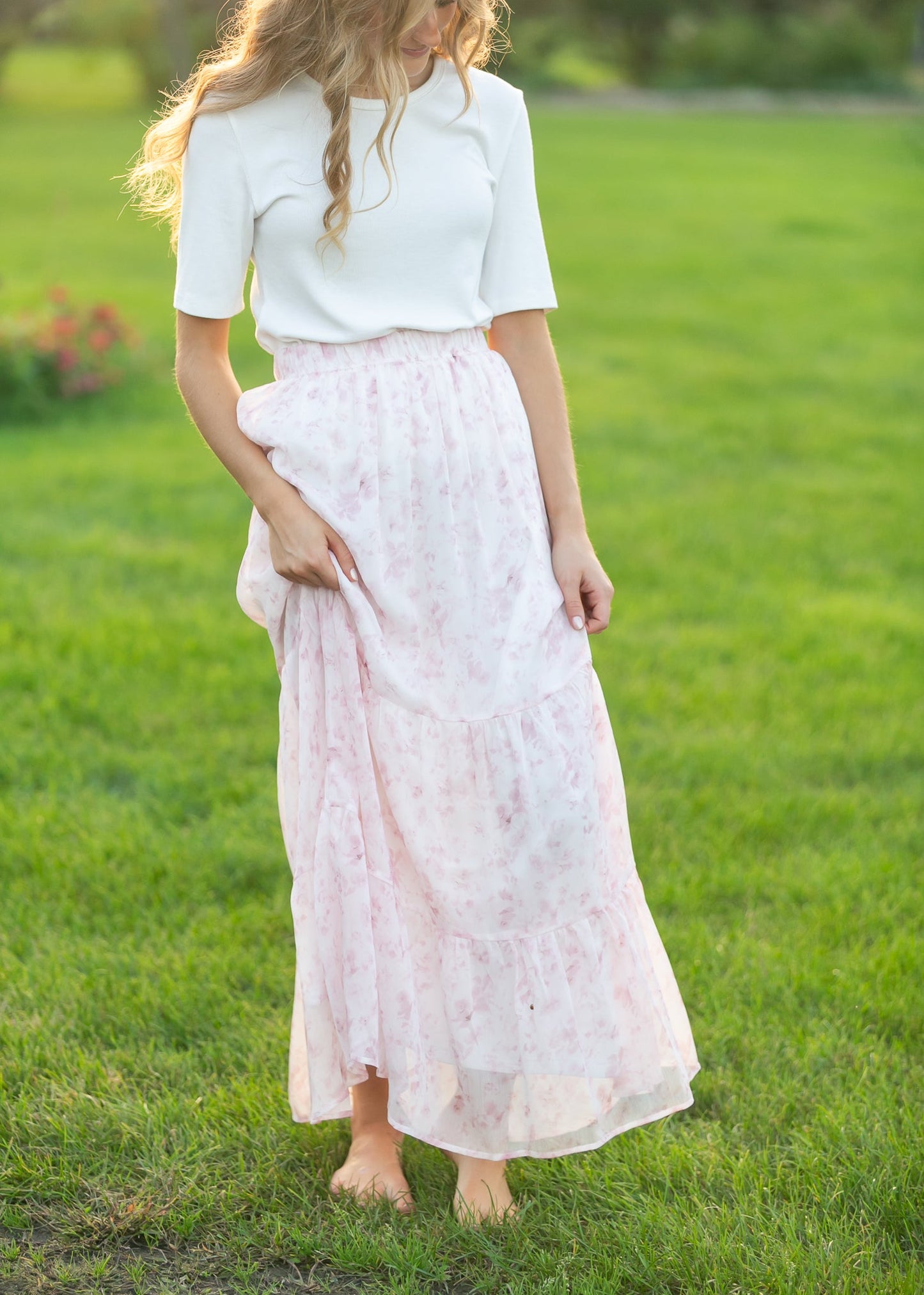 Lynn Pink Floral Tiered Maxi Skirt