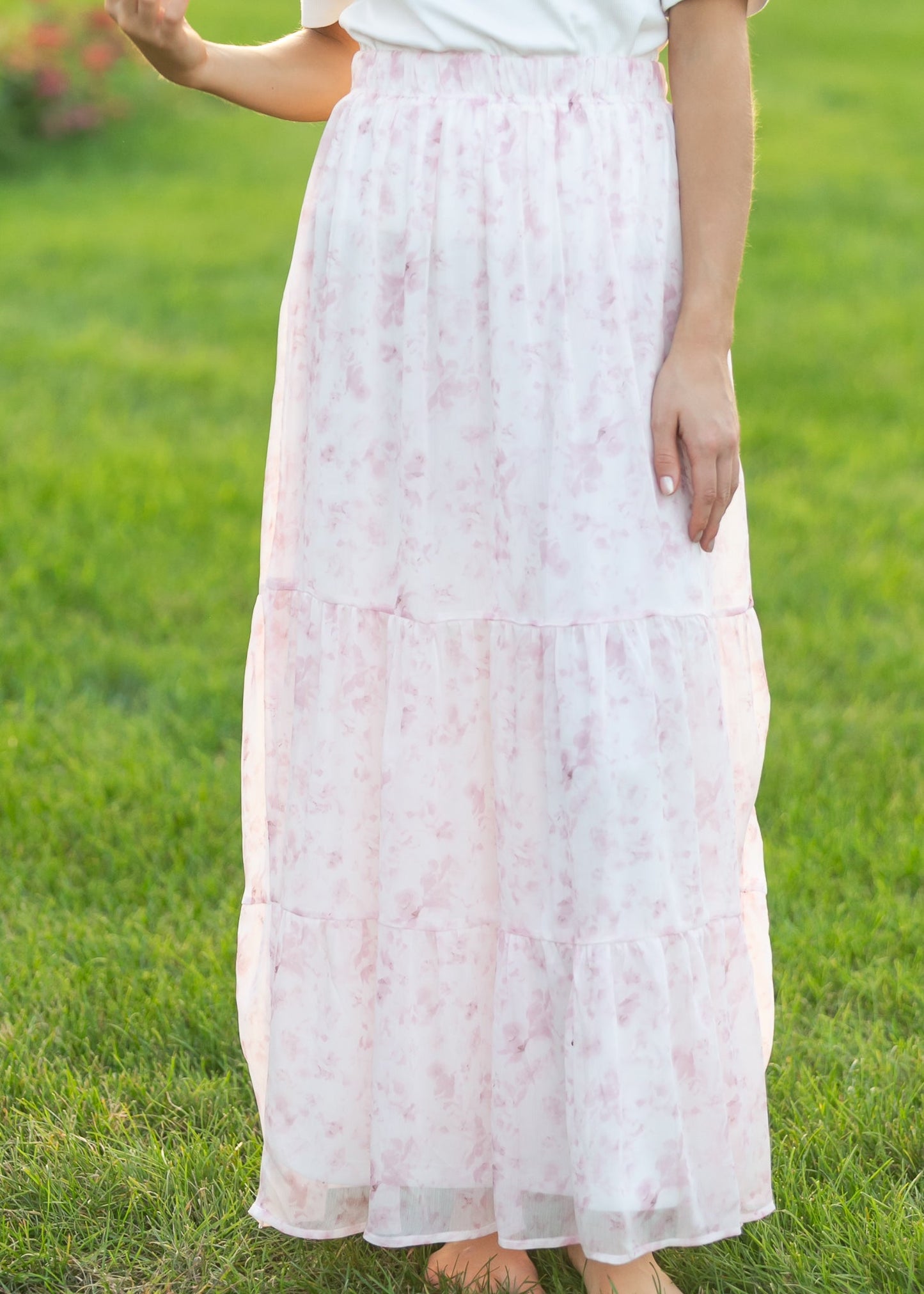 Lynn Pink Floral Tiered Maxi Skirt