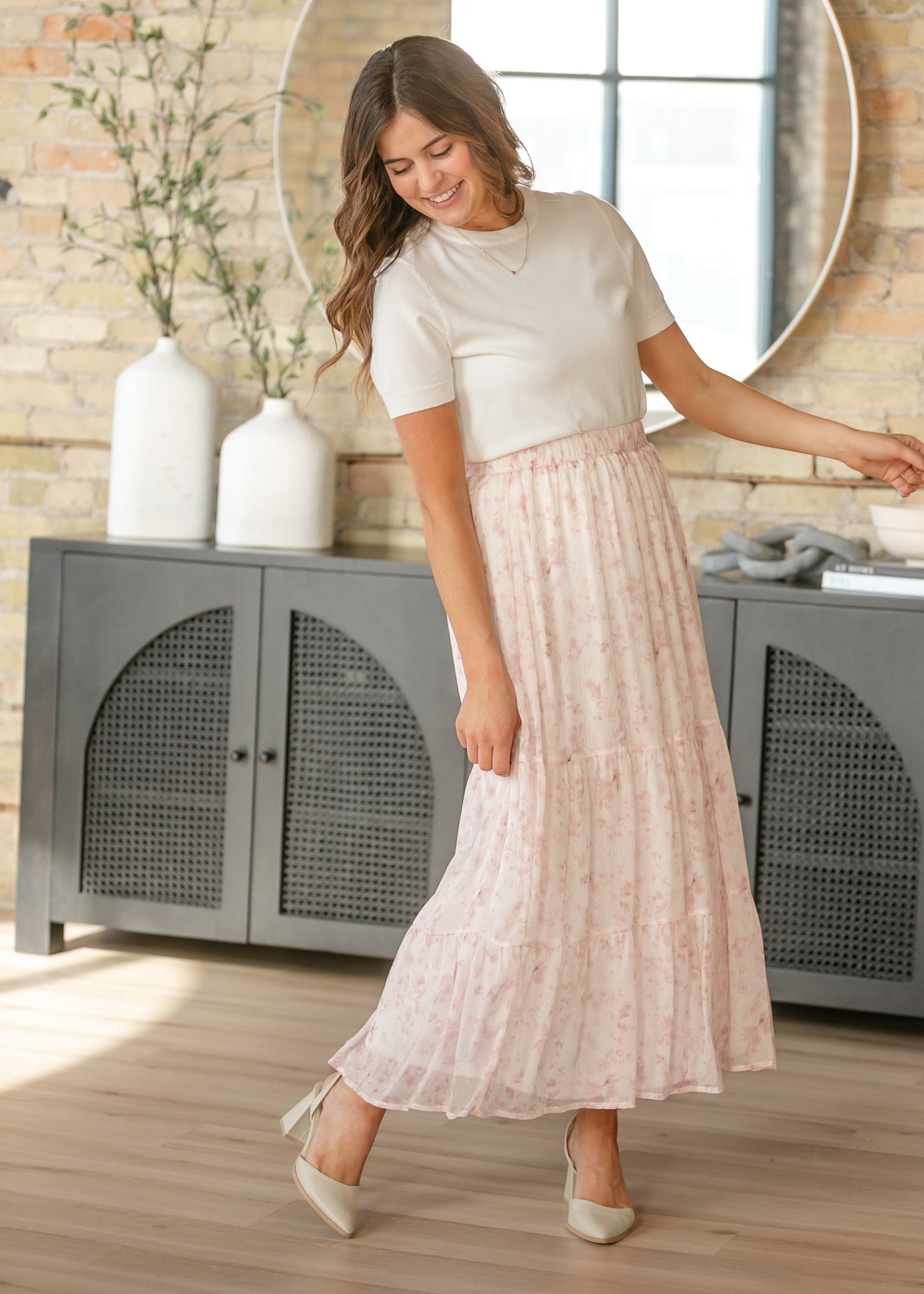 Lynn Pink Floral Tiered Maxi Skirt