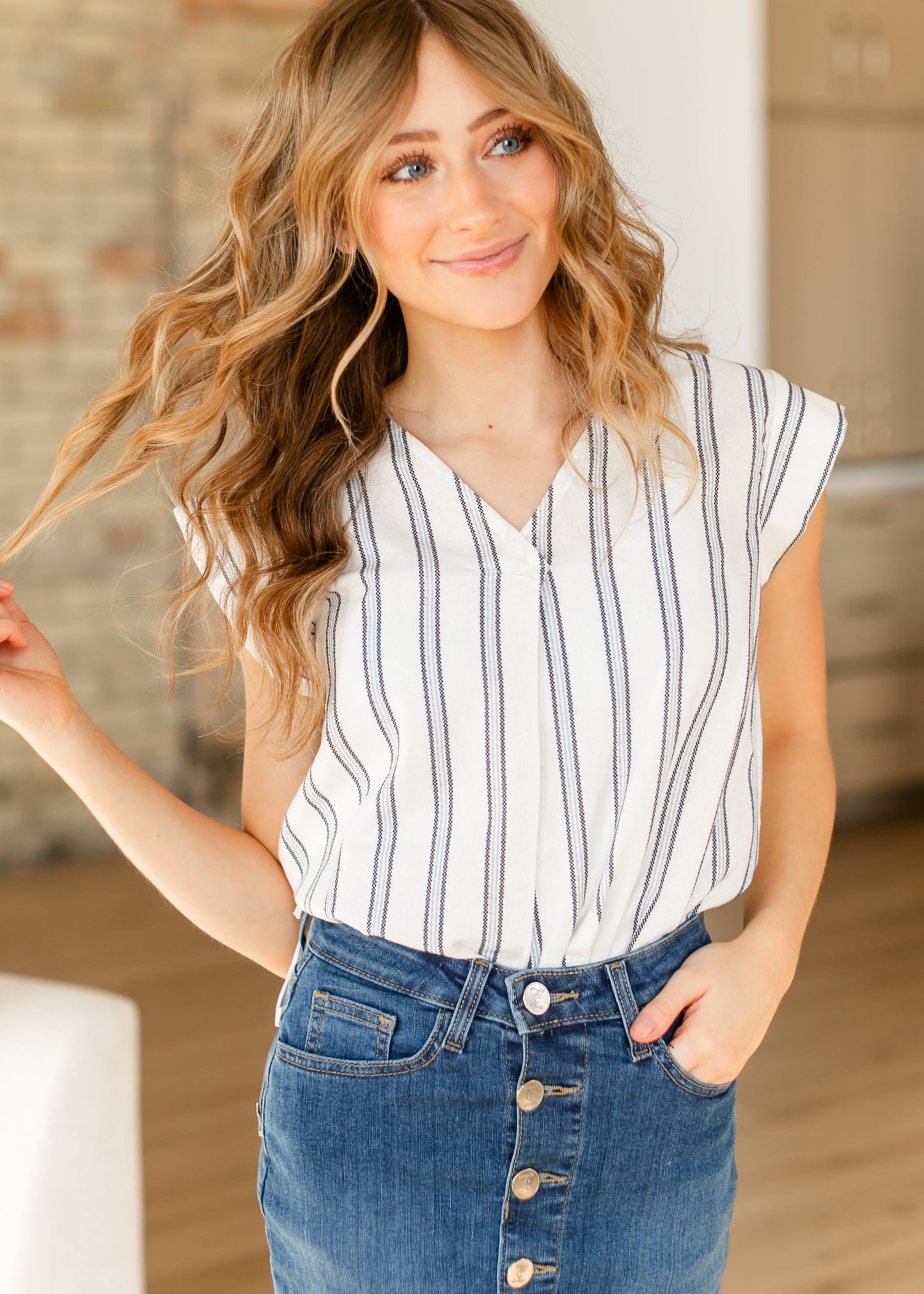 Madison Striped V-neck Short Sleeve Flowy Top - FINAL SALE